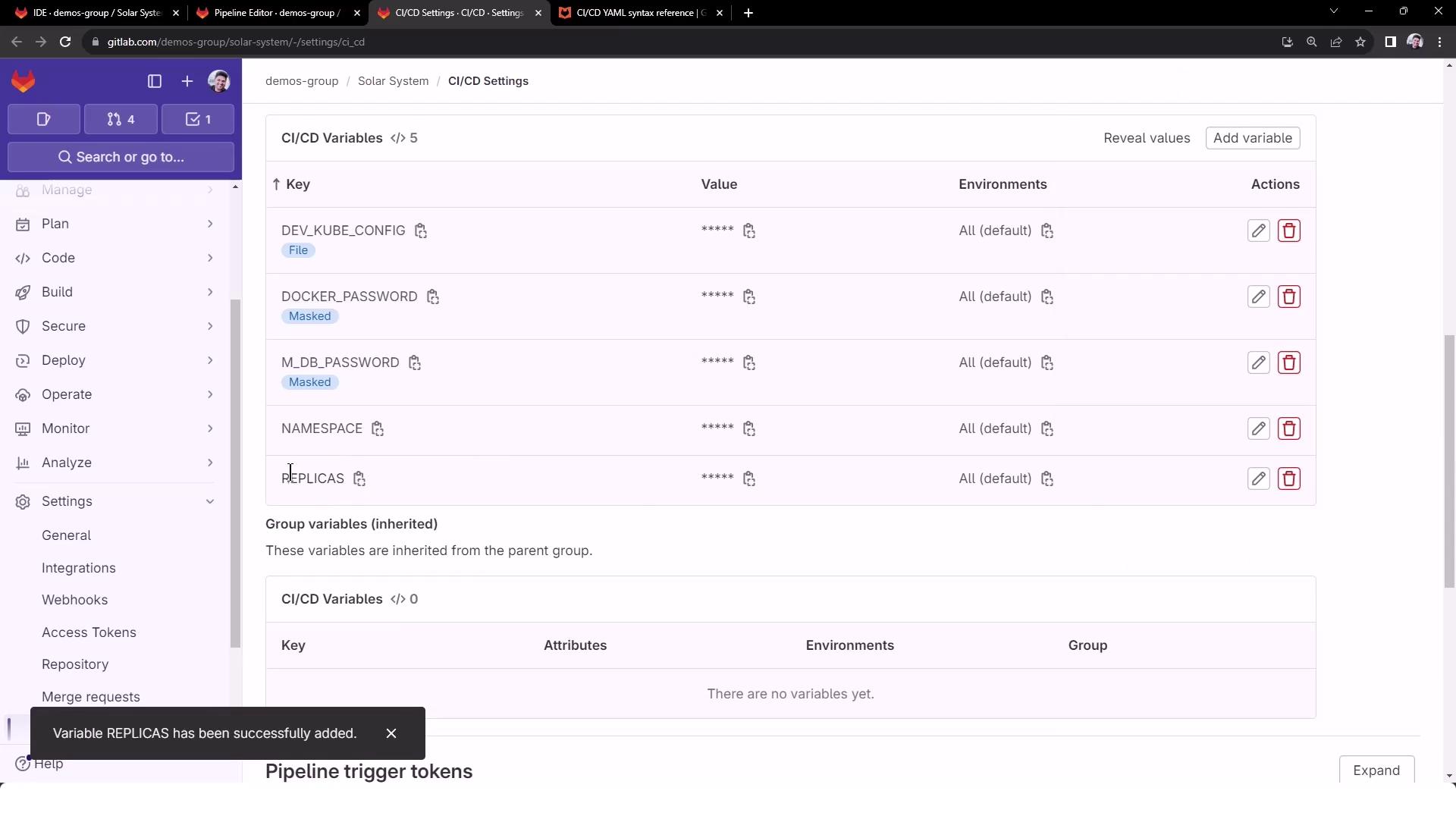 The image shows a GitLab CI/CD settings page with a list of environment variables, including keys like `DEV_KUBE_CONFIG`, `DOCKER_PASSWORD`, and `REPLICAS`, all masked for security.