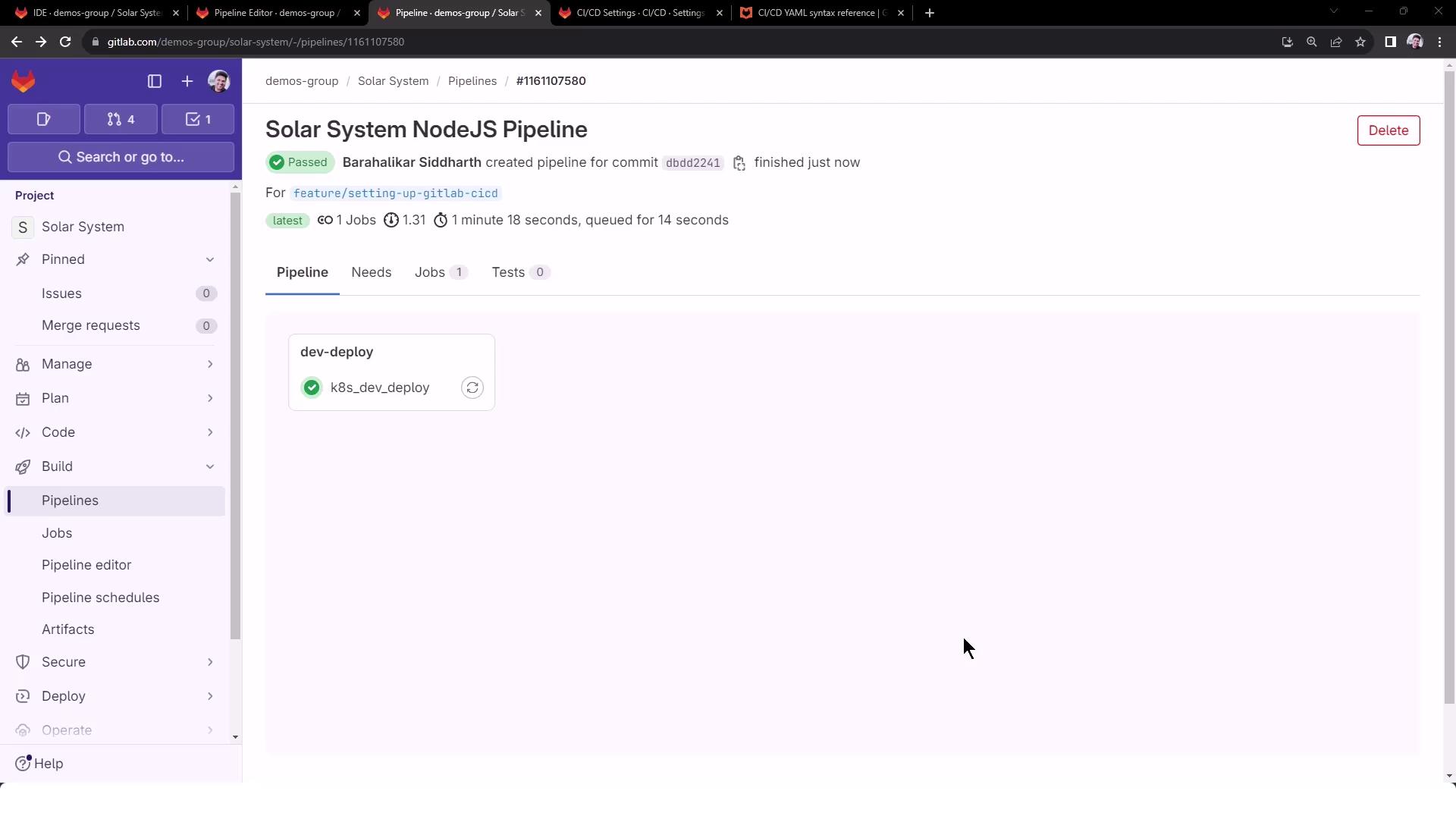 The image shows a GitLab pipeline interface for a NodeJS project named "Solar System," indicating a successful pipeline run with a job labeled "dev-deploy."