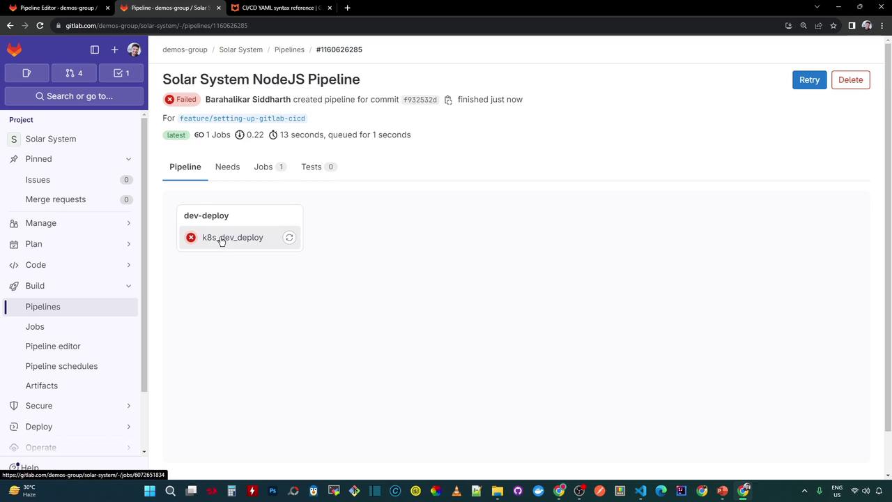 The image shows a GitLab CI/CD pipeline interface for a project named "Solar System NodeJS Pipeline," indicating a failed job in the "dev-deploy" stage. The sidebar displays various project management options like issues, merge requests, and pipelines.