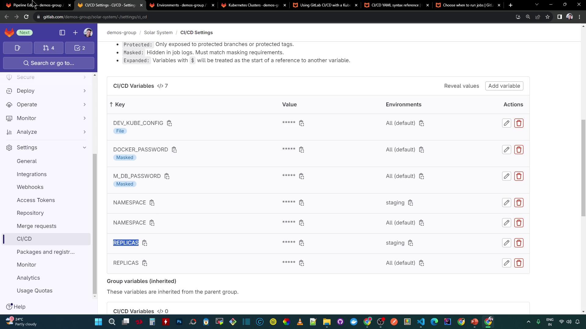 The image shows a GitLab CI/CD settings page displaying a list of environment variables, some of which are masked for security. The sidebar includes options like Deploy, Monitor, and Settings.