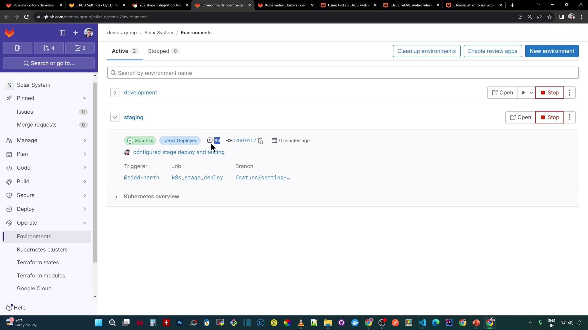 The image shows a GitLab environment management interface with active environments for "development" and "staging." It displays deployment details, including a successful deployment status and recent activity.