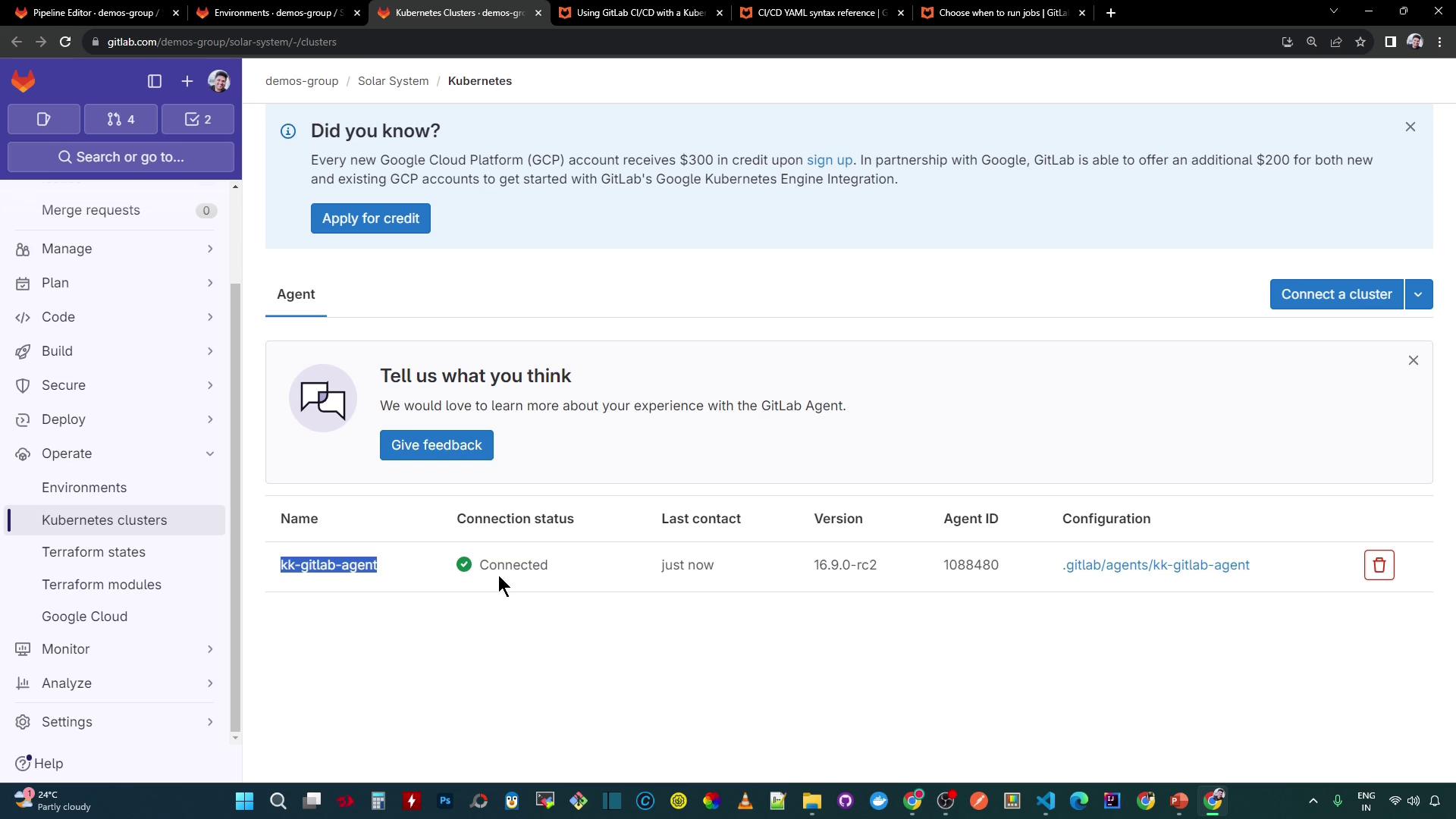 The image shows a GitLab interface displaying a connected Kubernetes cluster with details such as connection status, last contact, version, and agent ID. There's also a sidebar with various options like "Environments" and "Kubernetes clusters."