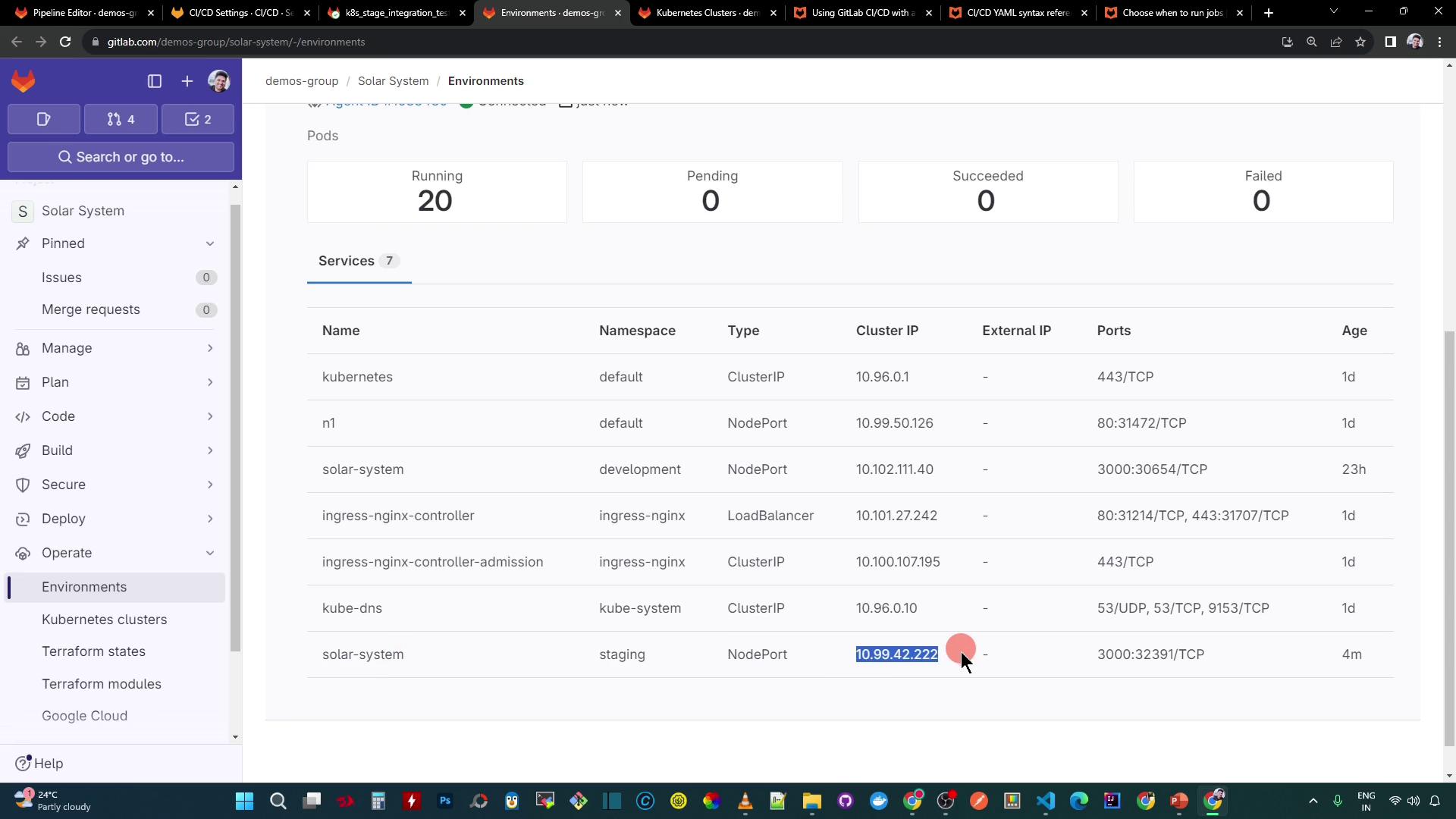 The image shows a GitLab environment dashboard displaying Kubernetes services with details like name, namespace, type, cluster IP, external IP, ports, and age. The sidebar includes navigation options for managing and deploying projects.