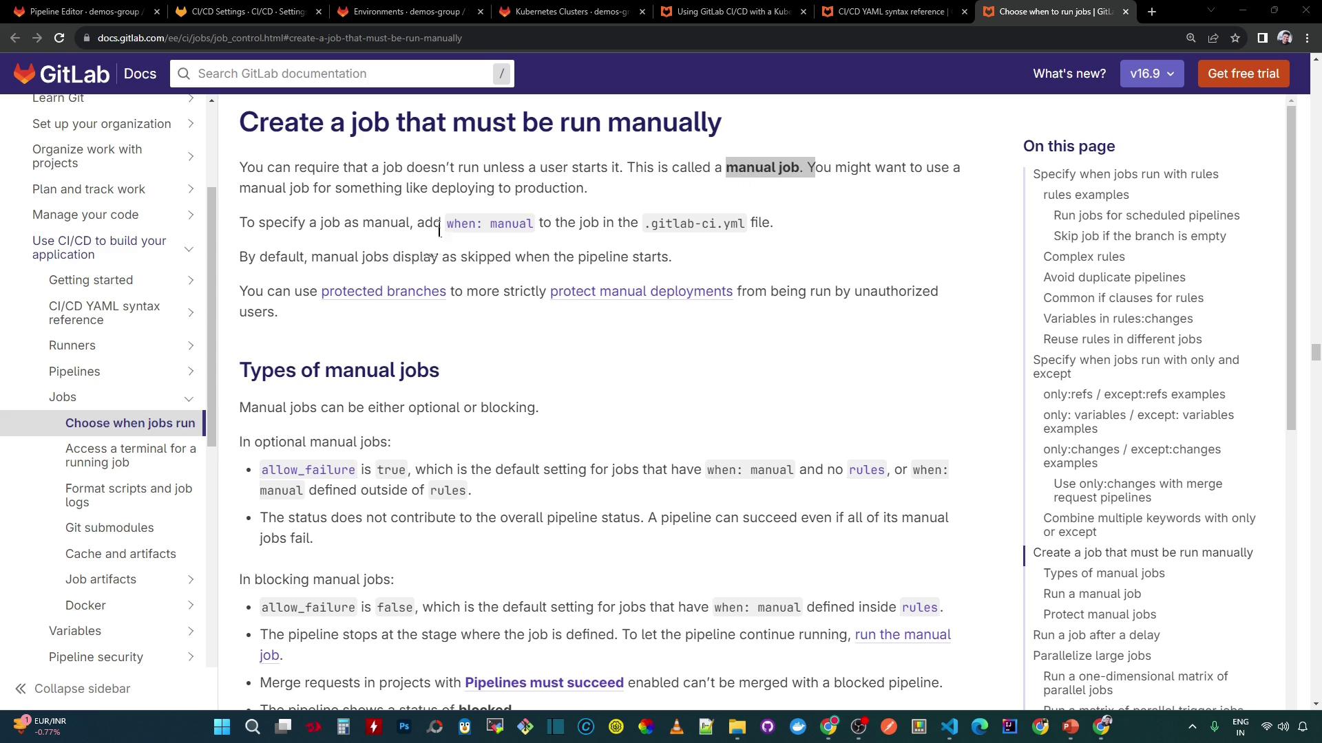 The image is a screenshot of a GitLab documentation page about creating jobs that must be run manually. It includes information on specifying manual jobs in the `.gitlab-ci.yml` file and describes types of manual jobs.