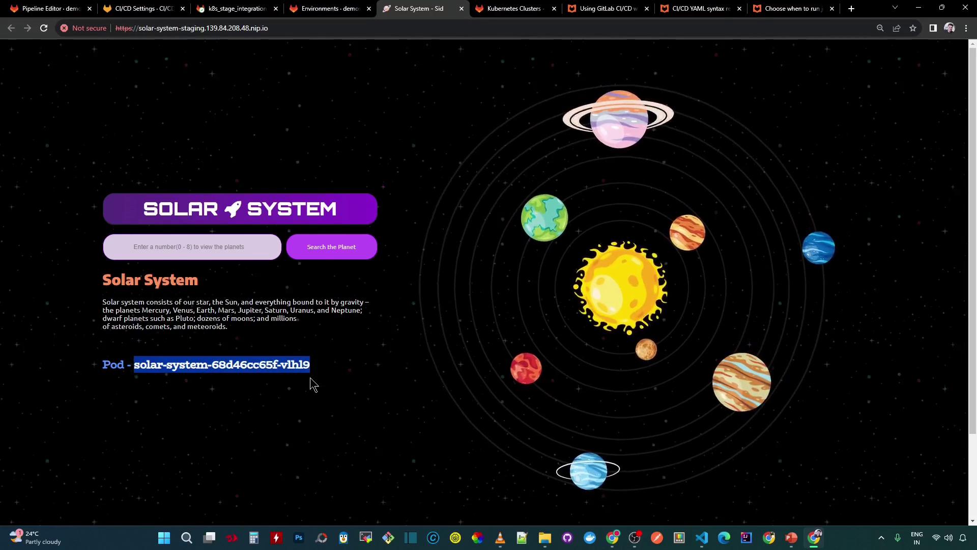 The image shows a stylized representation of the solar system with planets orbiting the sun, alongside a user interface for searching planets. It includes a description of the solar system and a highlighted pod identifier.
