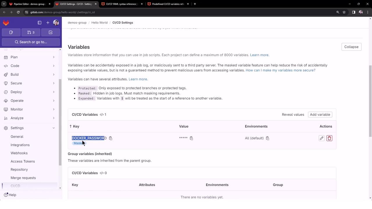 The image shows a GitLab CI/CD settings page with a section for managing variables, including a masked variable named "DOCKER_PASSWORD." The interface includes options to add or reveal variable values.