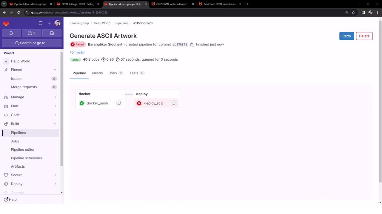 The image shows a GitLab CI/CD pipeline interface with a failed pipeline titled "Generate ASCII Artwork." It includes two jobs: "docker_push" which succeeded, and "deploy_ec2" which failed.