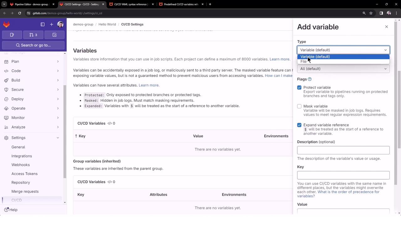 The image shows a GitLab CI/CD settings page where a user is adding a variable. The interface includes options for variable type, flags, and fields for description, key, and value.