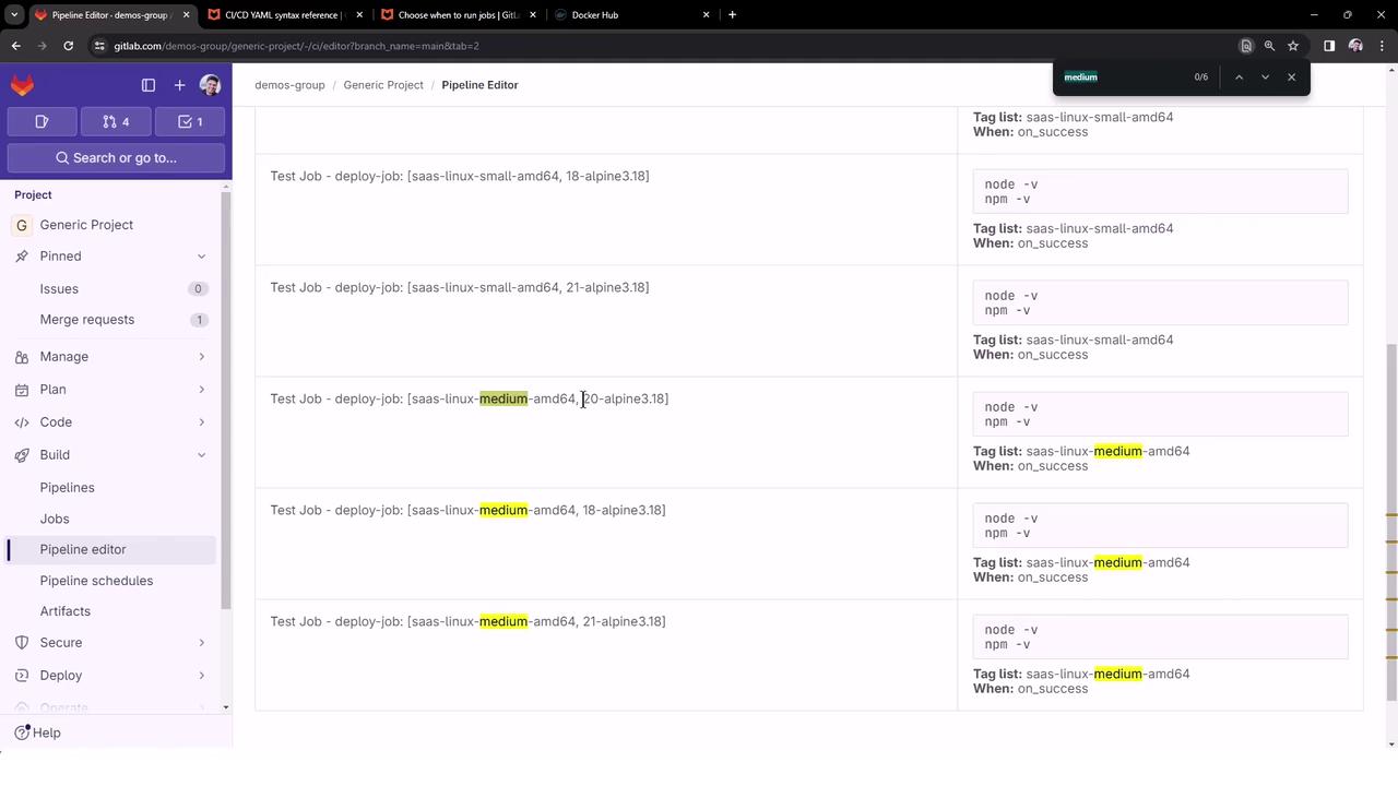 The image shows a GitLab Pipeline Editor interface with a list of test jobs, highlighting the word "medium" in the job descriptions. The sidebar includes project management options like issues, merge requests, and pipelines.