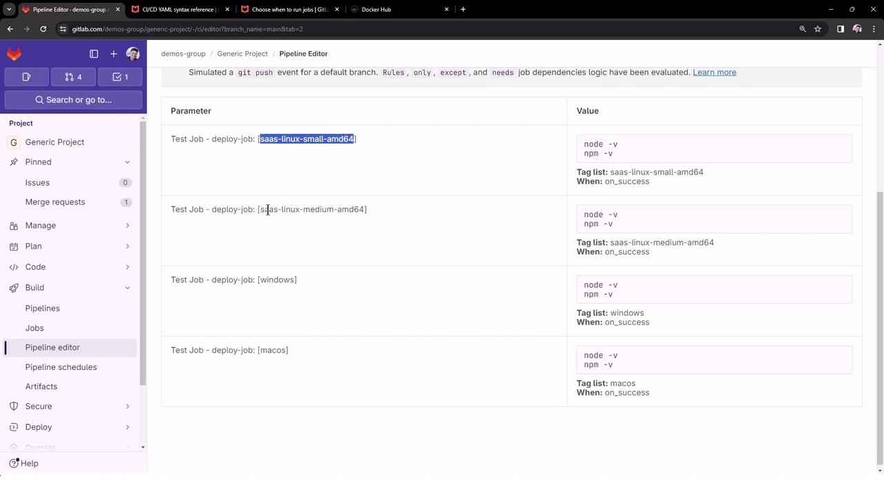 The image shows a GitLab Pipeline Editor interface with a list of test jobs for different environments, including Linux, Windows, and macOS, each with specific parameters and conditions for execution.