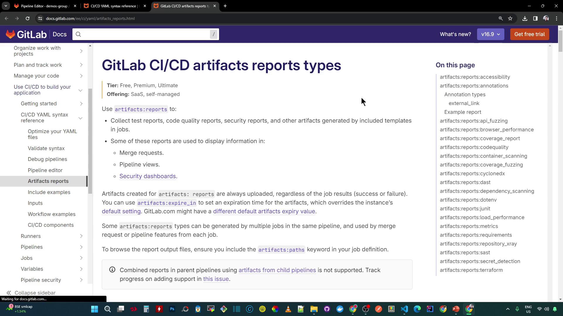 The image shows a GitLab documentation page about CI/CD artifact report types, detailing how to use `artifacts:reports` for collecting various reports in jobs. The page includes a sidebar with navigation links and a list of report types on the right.