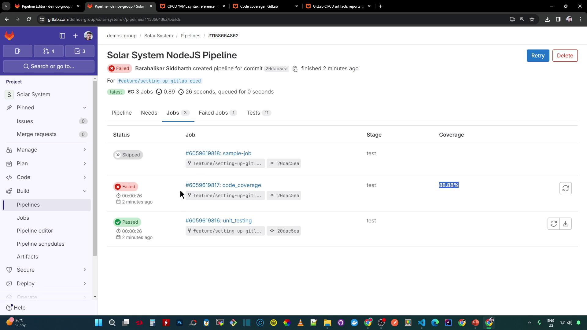 The image shows a GitLab CI/CD pipeline interface for a NodeJS project named "Solar System," displaying job statuses including one failed, one passed, and one skipped job. The "code_coverage" job has a coverage percentage of 88.88%.