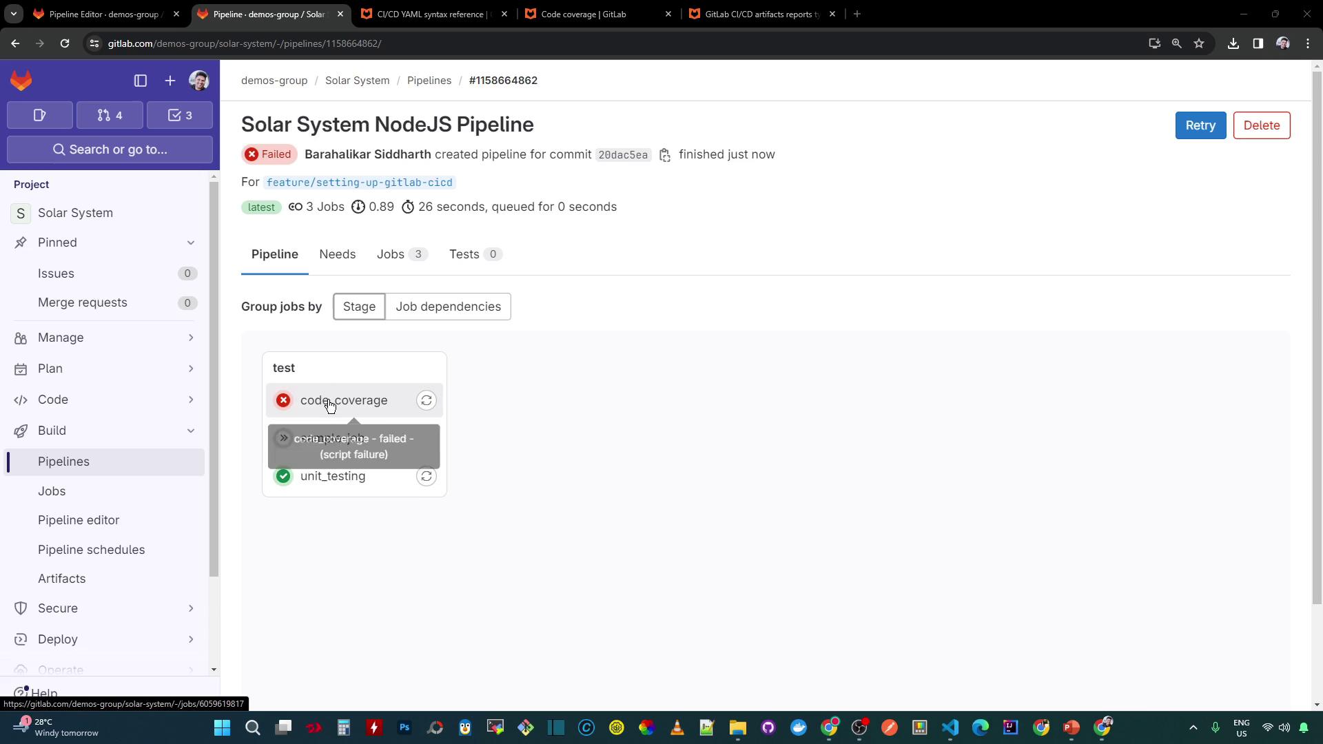 The image shows a GitLab CI/CD pipeline interface for a NodeJS project named "Solar System," where a job named "code_coverage" has failed, while "unit_testing" has succeeded.