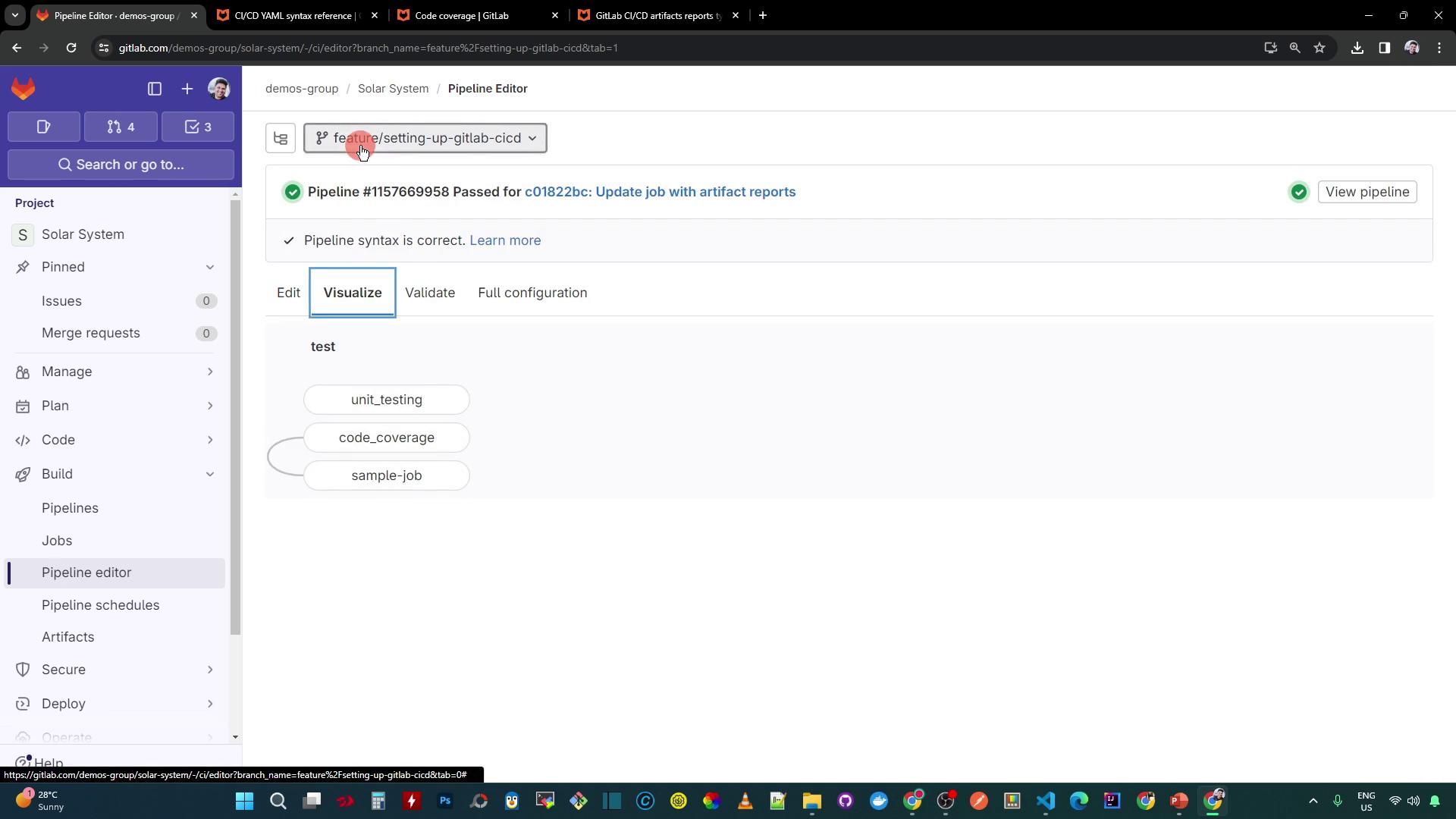 The image shows a GitLab Pipeline Editor interface with a successful pipeline status and a visualization of jobs including "unit_testing," "code_coverage," and "sample-job."