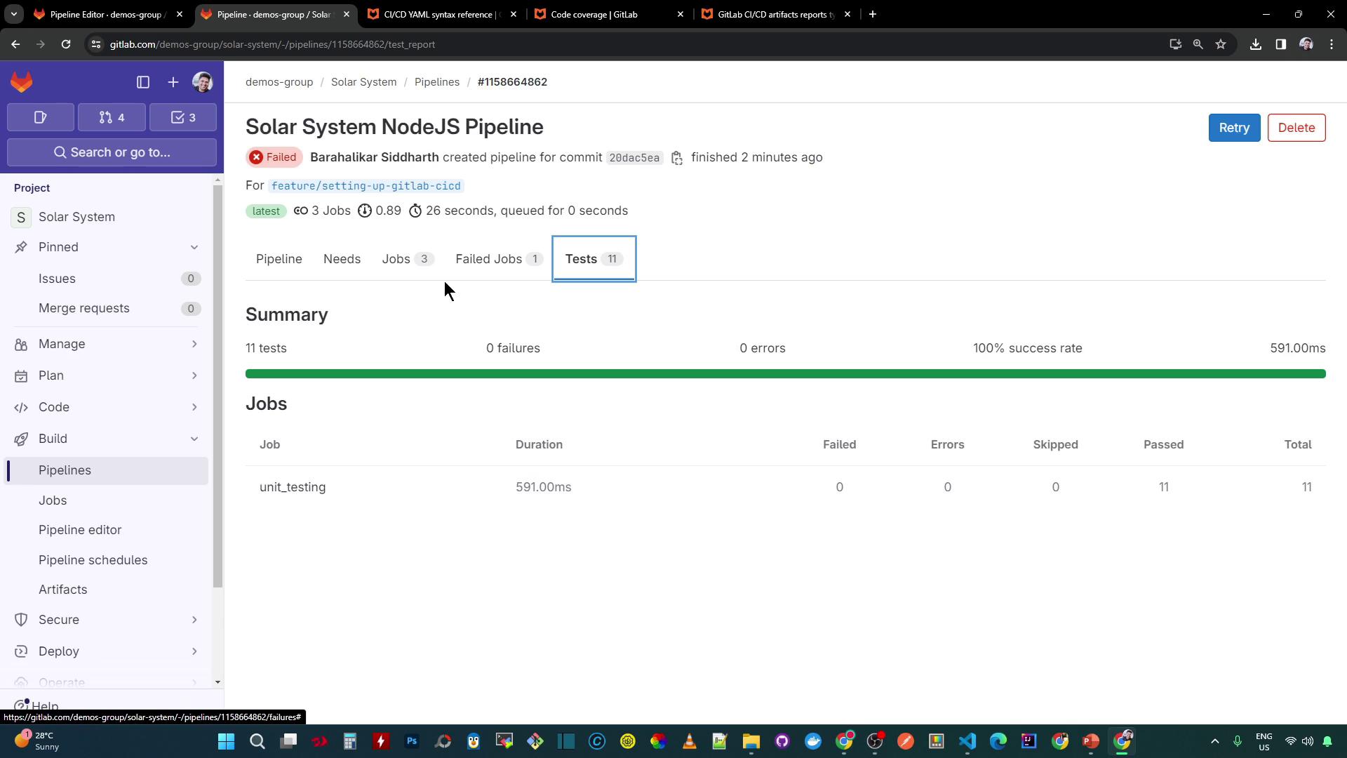 The image shows a GitLab pipeline interface for a NodeJS project, indicating a failed pipeline with 11 tests, all of which passed successfully.
