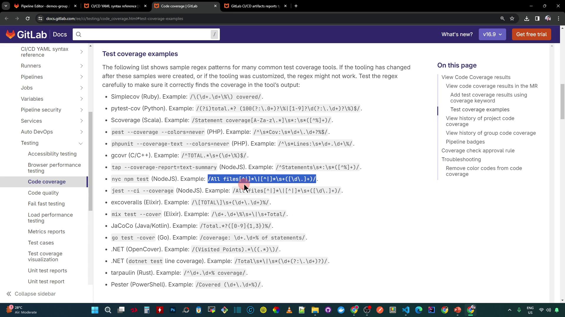 The image shows a GitLab documentation page detailing test coverage examples with regex patterns for various programming languages and tools. The sidebar includes navigation links related to code coverage and testing.
