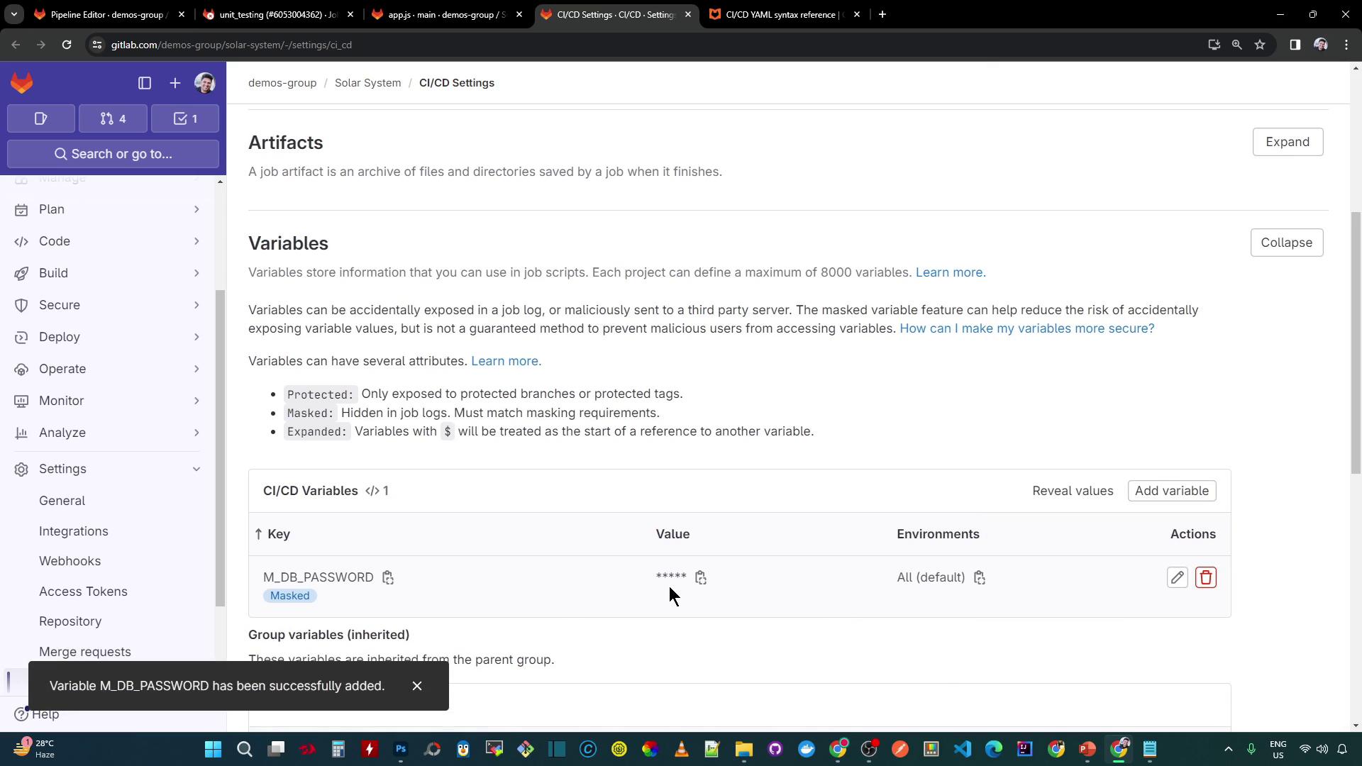 The image shows a GitLab CI/CD settings page, specifically focusing on the section for managing variables. It includes details about a masked variable named "M_DB_PASSWORD" and a notification confirming its successful addition.