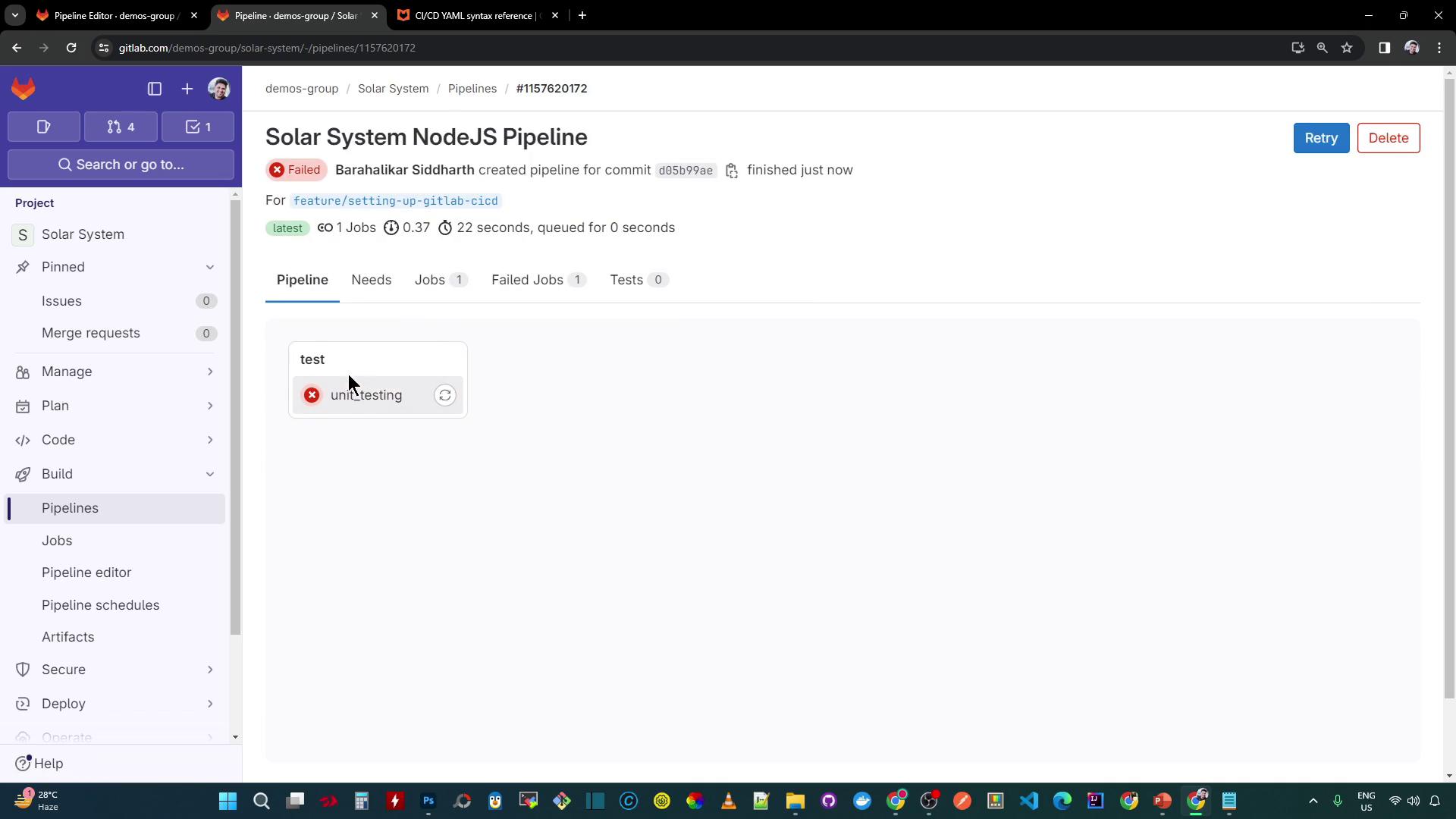 The image shows a GitLab CI/CD pipeline interface for a project named "Solar System NodeJS Pipeline," indicating a failed unit testing job. The sidebar includes options for managing the project, such as issues, merge requests, and pipelines.