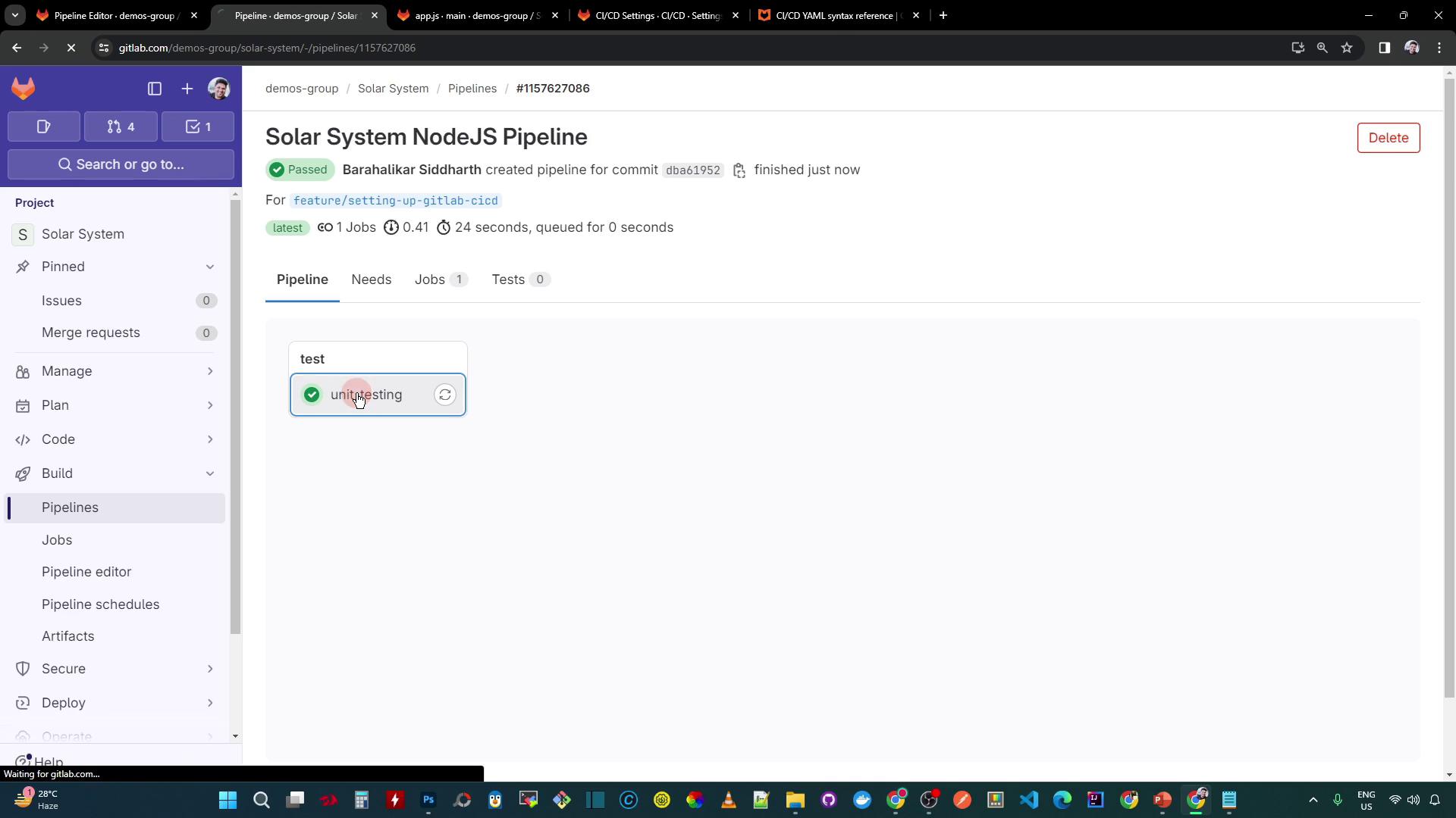 The image shows a GitLab CI/CD pipeline interface for a project named "Solar System NodeJS Pipeline," indicating a successful test job labeled "unittesting." The pipeline has passed, and the interface displays various project management options on the left sidebar.