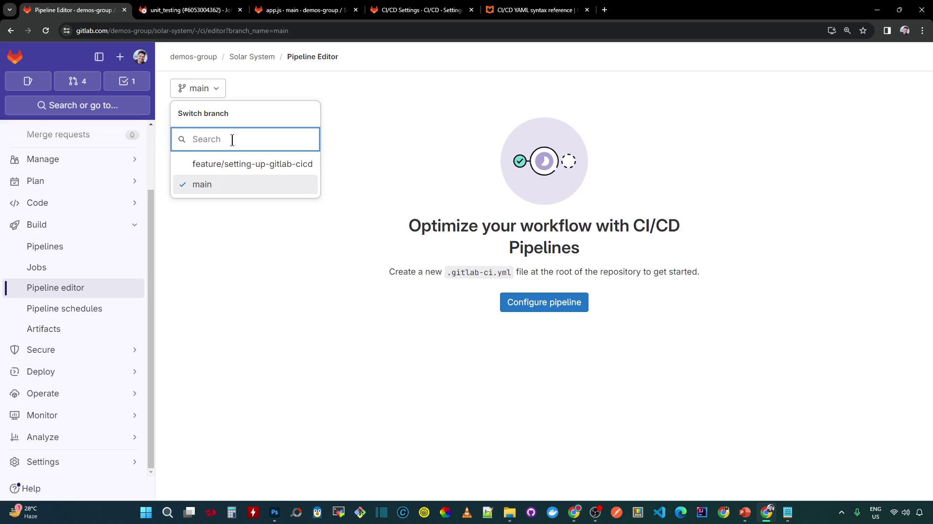 The image shows a GitLab Pipeline Editor interface with options to switch branches and configure a CI/CD pipeline. The sidebar includes various project management options like Merge requests, Manage, Plan, and more.