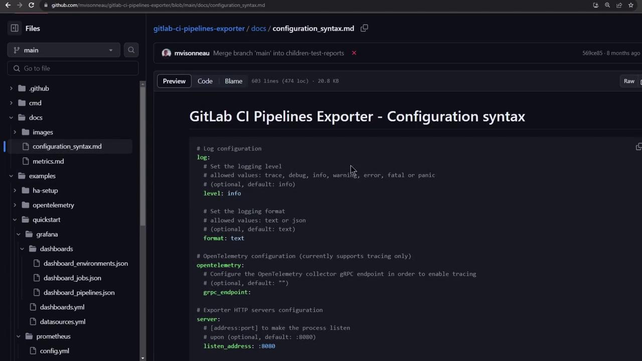 The image shows a GitHub repository page displaying a markdown file titled "GitLab CI Pipelines Exporter - Configuration syntax," with code snippets for log configuration and server settings.