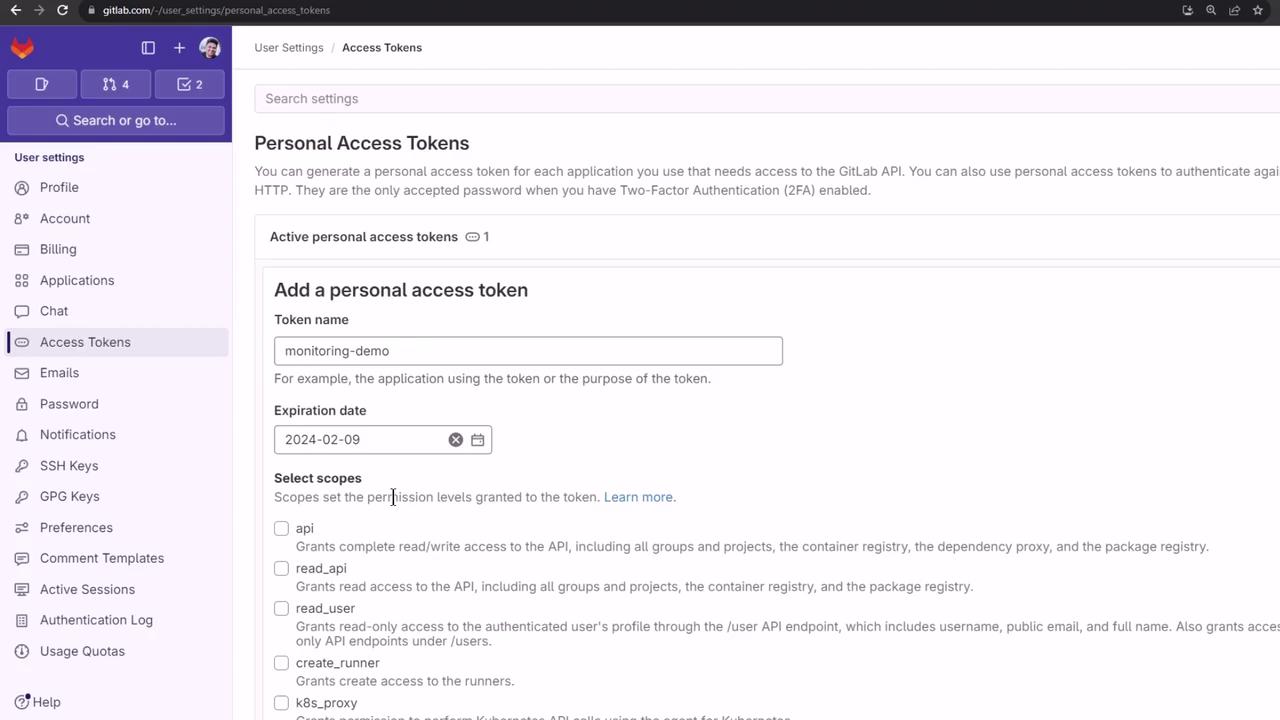 The image shows a GitLab user interface for creating a personal access token, with fields for token name, expiration date, and scope selection. The sidebar includes various user settings options like Profile, Account, and Access Tokens.