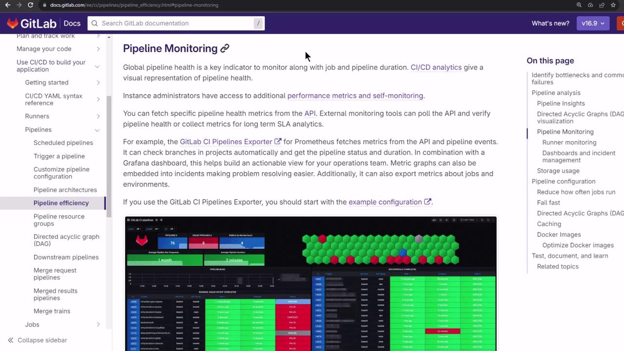 The image shows a GitLab documentation page about pipeline monitoring, including text and a dashboard screenshot with metrics and visualizations.