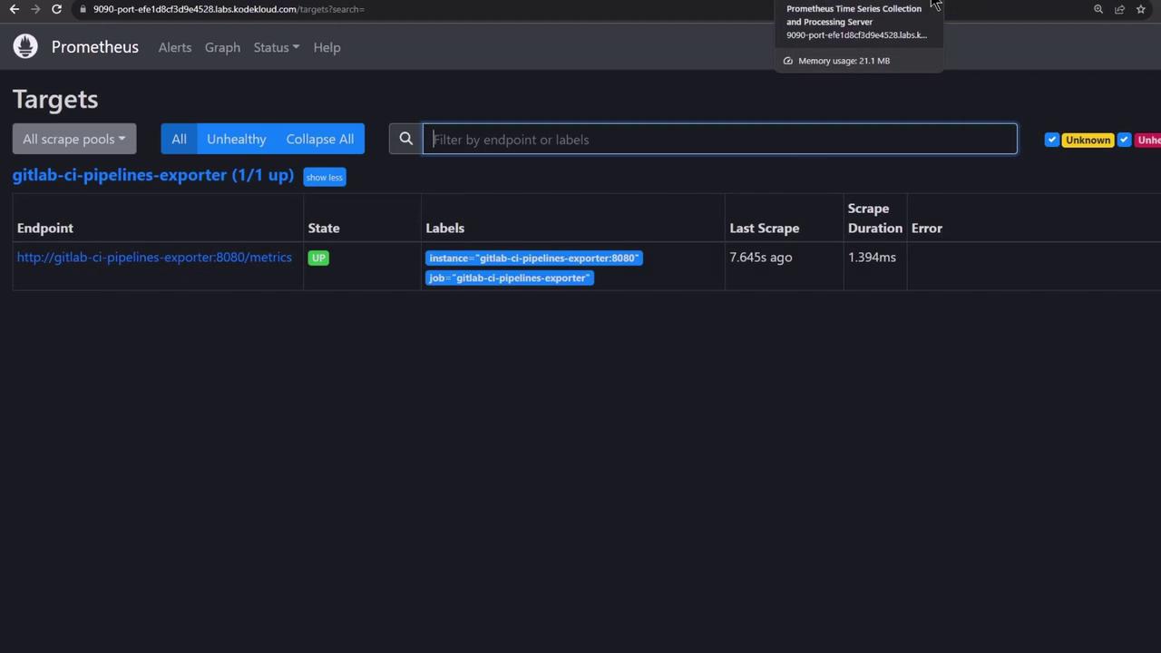 The image shows a Prometheus monitoring dashboard displaying the status of a target called "gitlab-ci-pipelines-exporter," which is up and running with details about its endpoint, state, labels, last scrape time, and scrape duration.