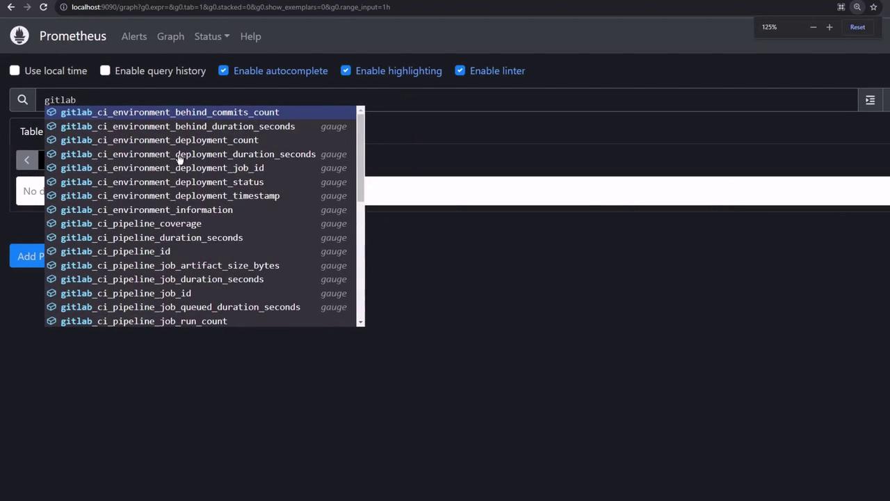 The image shows the Prometheus interface with a search query for GitLab metrics, displaying a list of available metrics related to GitLab CI/CD pipelines.