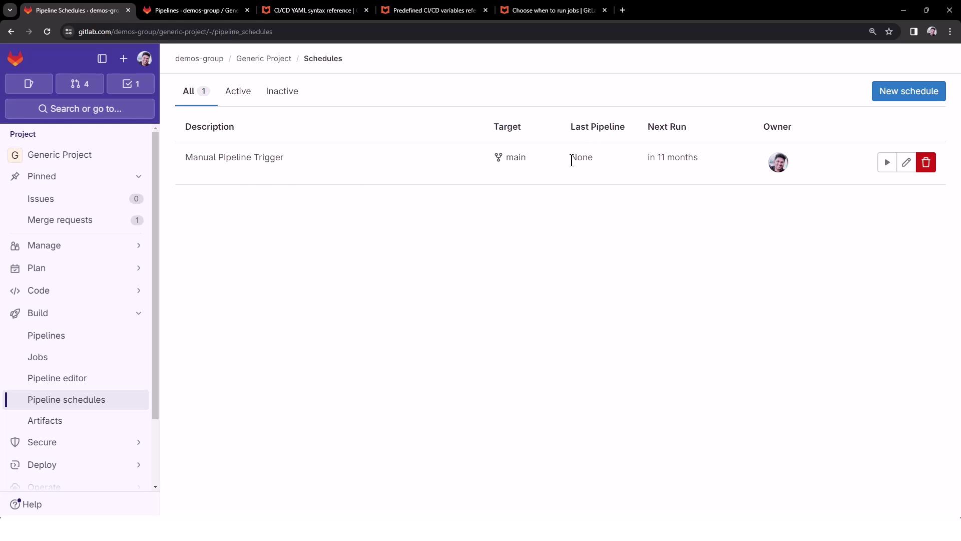 The image shows a GitLab interface displaying a pipeline schedule for a project, with options to manage and create new schedules.