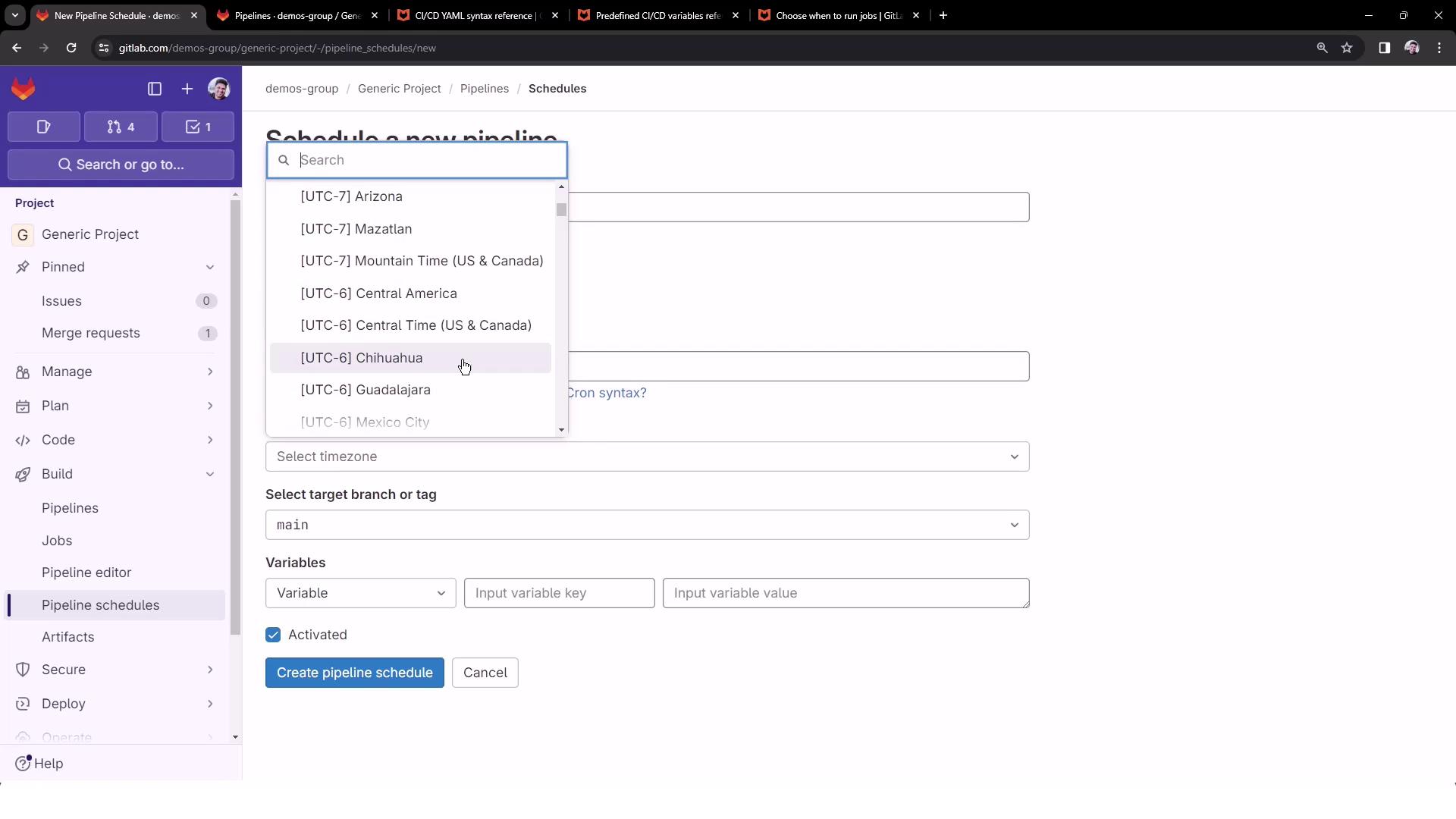 The image shows a GitLab interface for scheduling a new pipeline, with a dropdown menu for selecting a timezone and options for setting the target branch and variables.