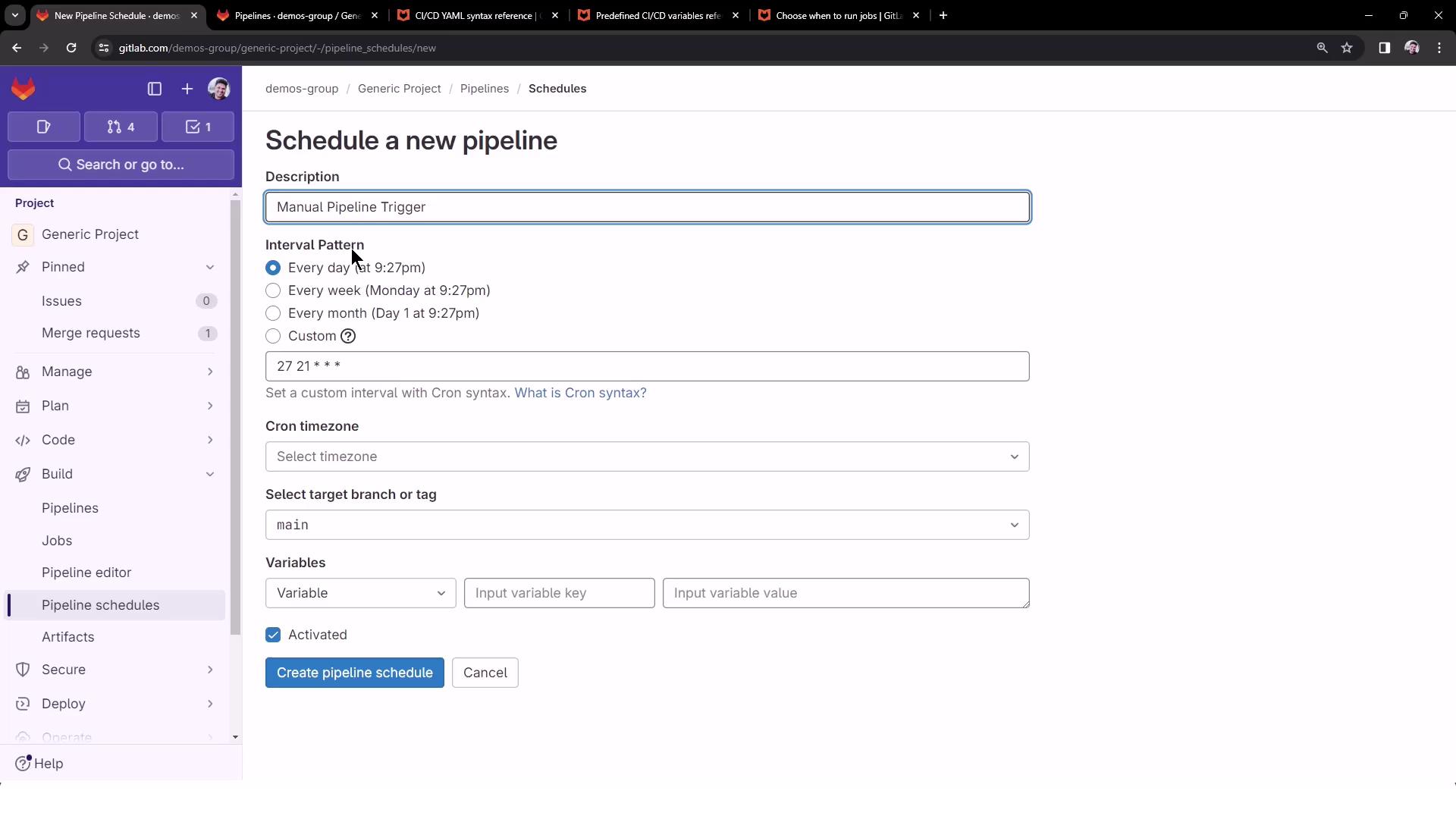 The image shows a GitLab interface for scheduling a new pipeline, with options to set the interval pattern, cron syntax, timezone, and target branch. The "Create pipeline schedule" button is visible at the bottom.