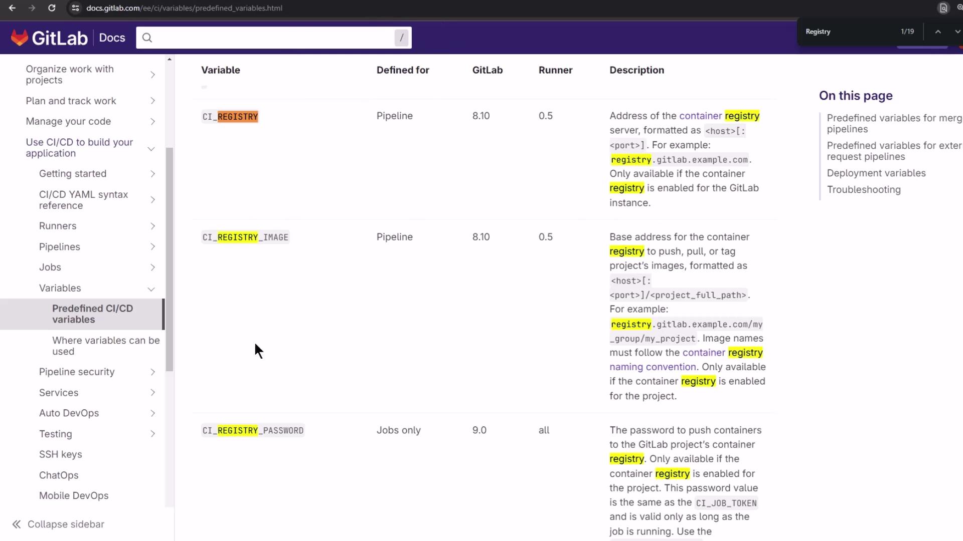 The image shows a GitLab documentation page about predefined CI/CD variables, specifically focusing on registry-related variables like `CI_REGISTRY`, `CI_REGISTRY_IMAGE`, and `CI_REGISTRY_PASSWORD`. The sidebar lists various documentation sections.