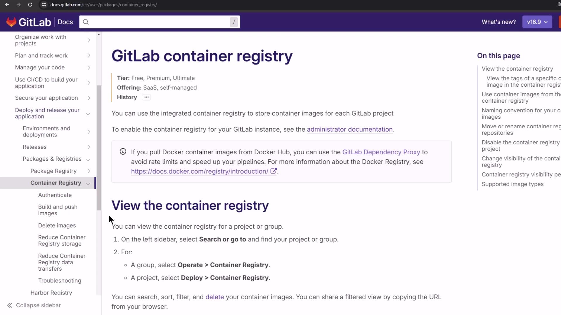 The image shows a GitLab documentation page about the container registry, detailing how to use and view the integrated container registry for GitLab projects. The sidebar includes navigation options related to package and container management.