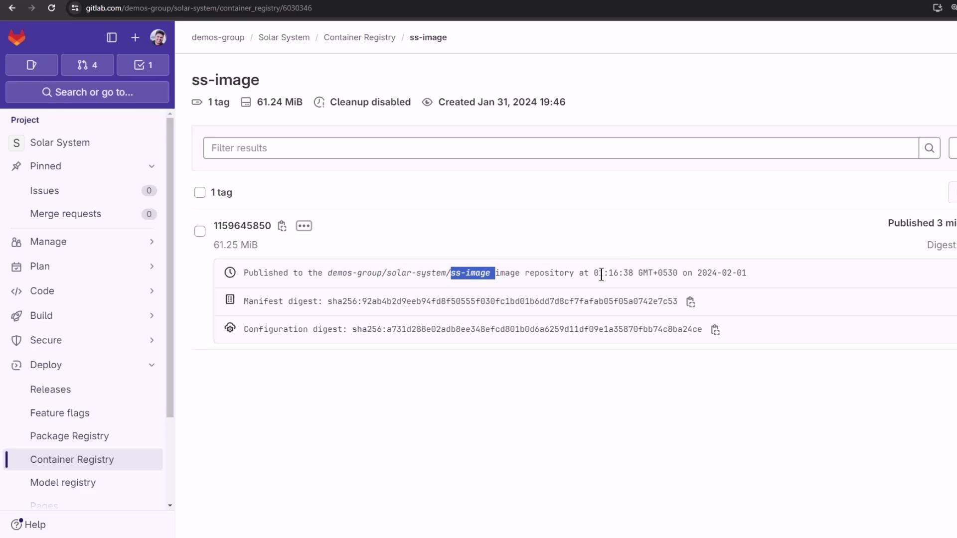 The image shows a GitLab container registry interface for a project named "Solar System," displaying details of an image called "ss-image," including its size, tag, and digests.