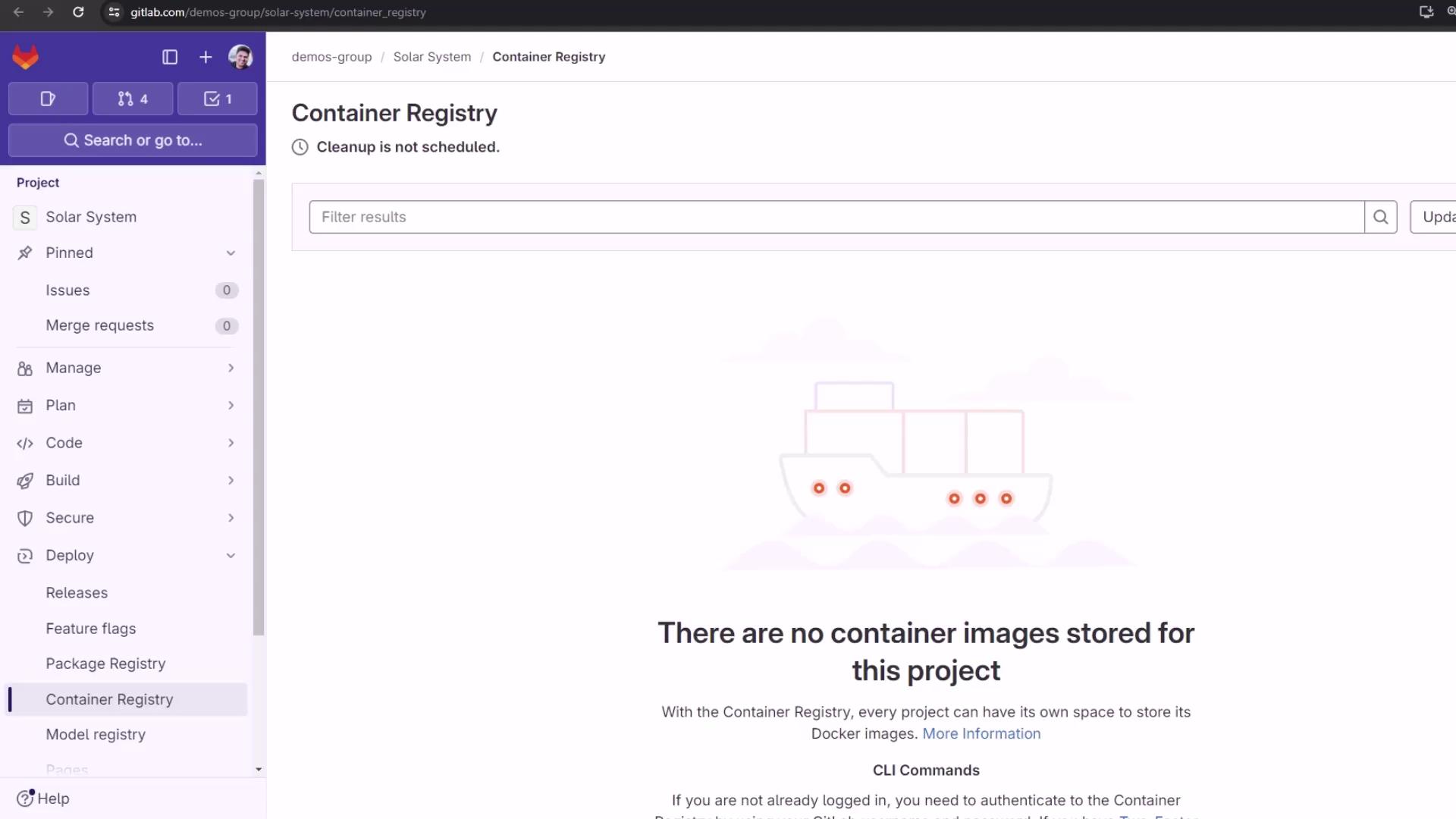 The image shows a GitLab interface for a project named "Solar System" with the Container Registry section open, indicating no container images are stored for the project. The sidebar includes options like Manage, Plan, Code, and Deploy.