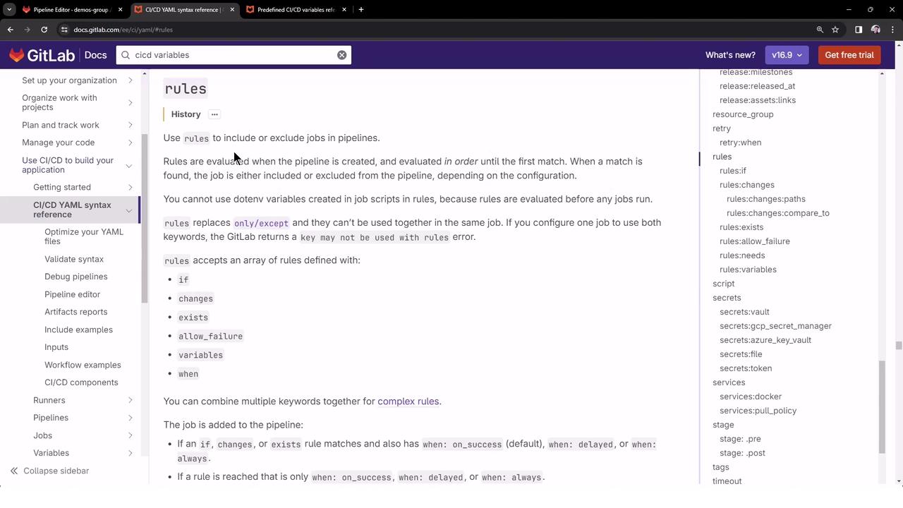 The image shows a GitLab documentation page about CI/CD YAML syntax, specifically focusing on using rules to include or exclude jobs in pipelines. It includes a sidebar with navigation options and a detailed explanation of how rules are evaluated.