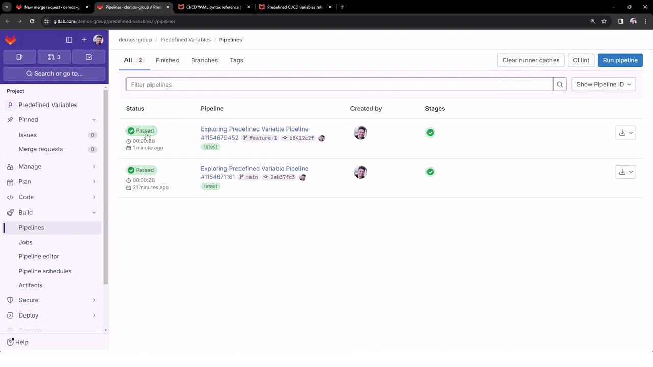 The image shows a GitLab interface displaying a list of CI/CD pipelines, with two pipelines marked as "Passed." The sidebar includes options for managing projects, code, and pipelines.
