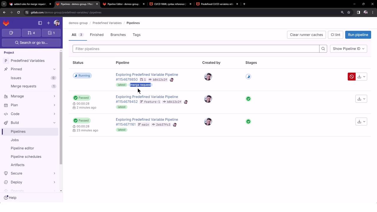 The image shows a GitLab interface displaying a list of CI/CD pipelines with their statuses, including one running and two passed. The sidebar includes options like issues, merge requests, and pipelines.