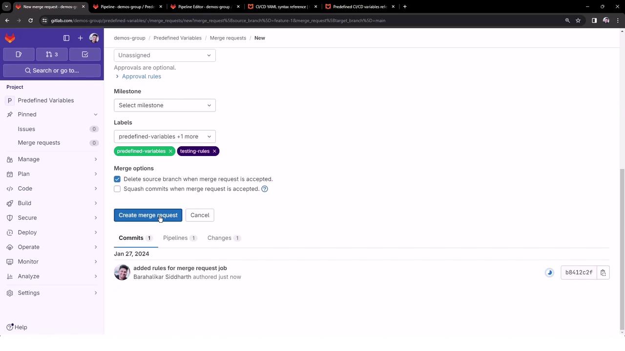 The image shows a GitLab interface for creating a new merge request, with options to assign milestones, labels, and merge options. A user is about to click the "Create merge request" button.