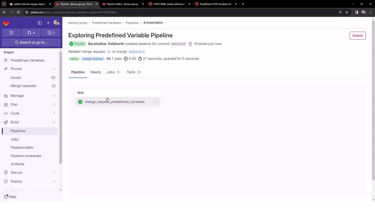 The image shows a GitLab pipeline interface for a project named "Exploring Predefined Variable Pipeline," indicating a successful pipeline run with details about jobs and merge requests.