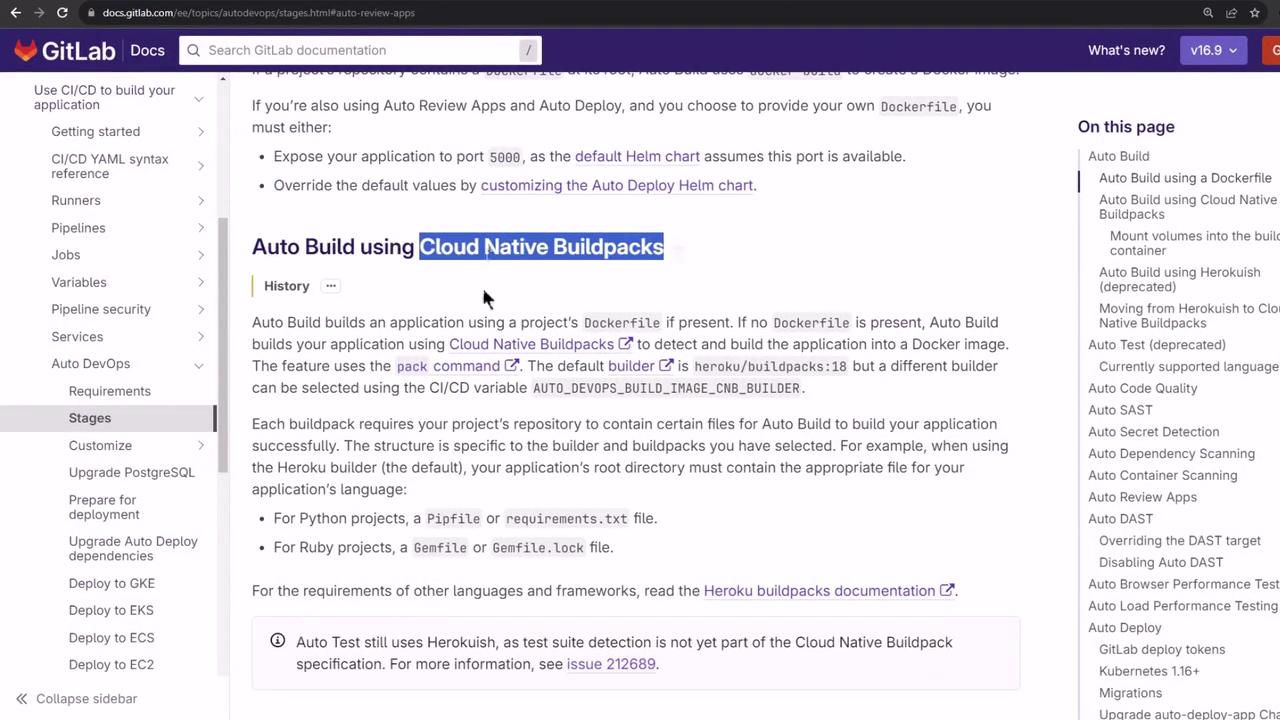 The image shows a GitLab documentation page about "Auto Build using Cloud Native Buildpacks," detailing how to build applications using Dockerfiles and Cloud Native Buildpacks. The page includes navigation menus on the left and right sides.
