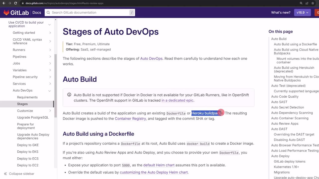 The image shows a GitLab documentation page about the stages of Auto DevOps, specifically focusing on the "Auto Build" section. It includes navigation menus on the left and right sides.