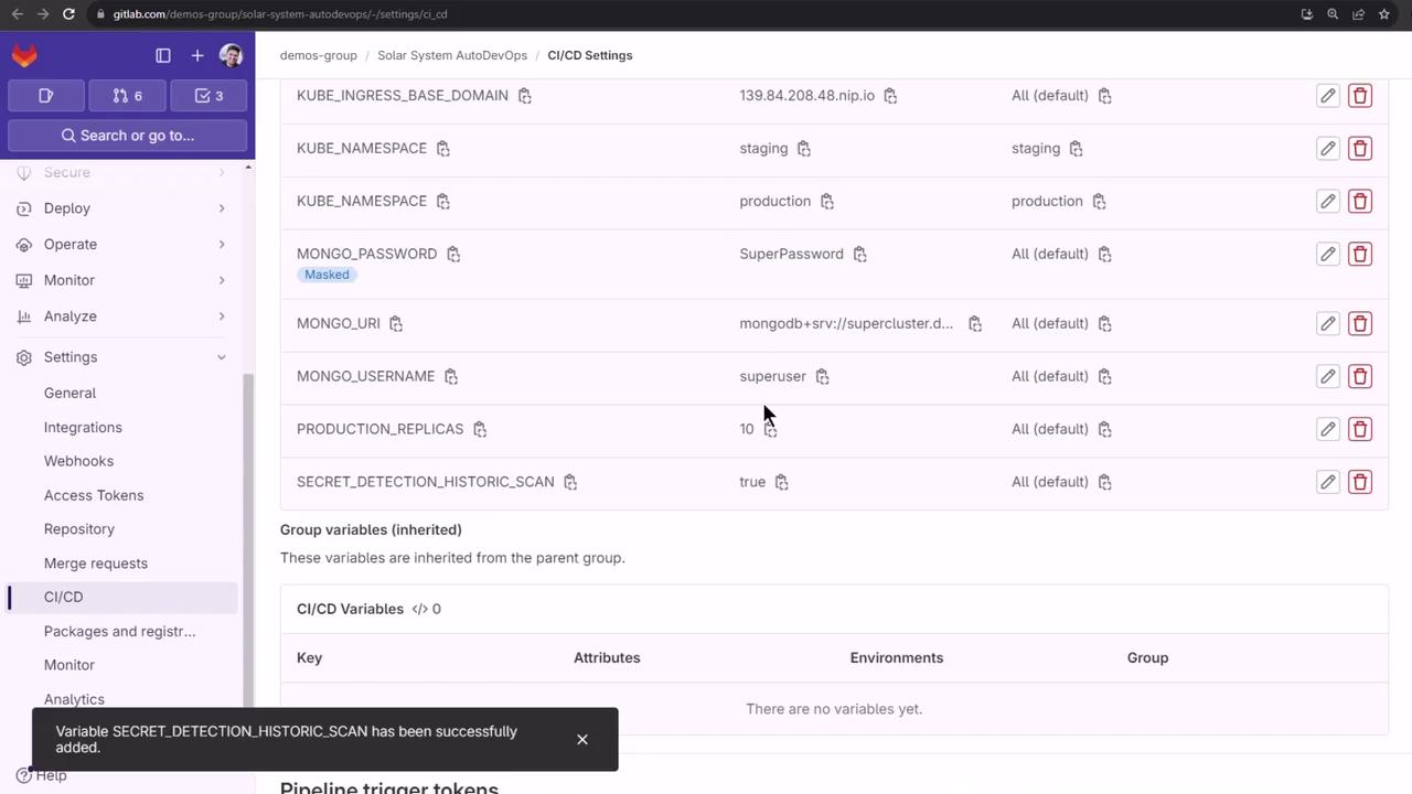 The image shows a GitLab CI/CD settings page with various environment variables listed, such as `KUBE_INGRESS_BASE_DOMAIN` and `MONGO_PASSWORD`. A notification at the bottom indicates a variable has been successfully added.