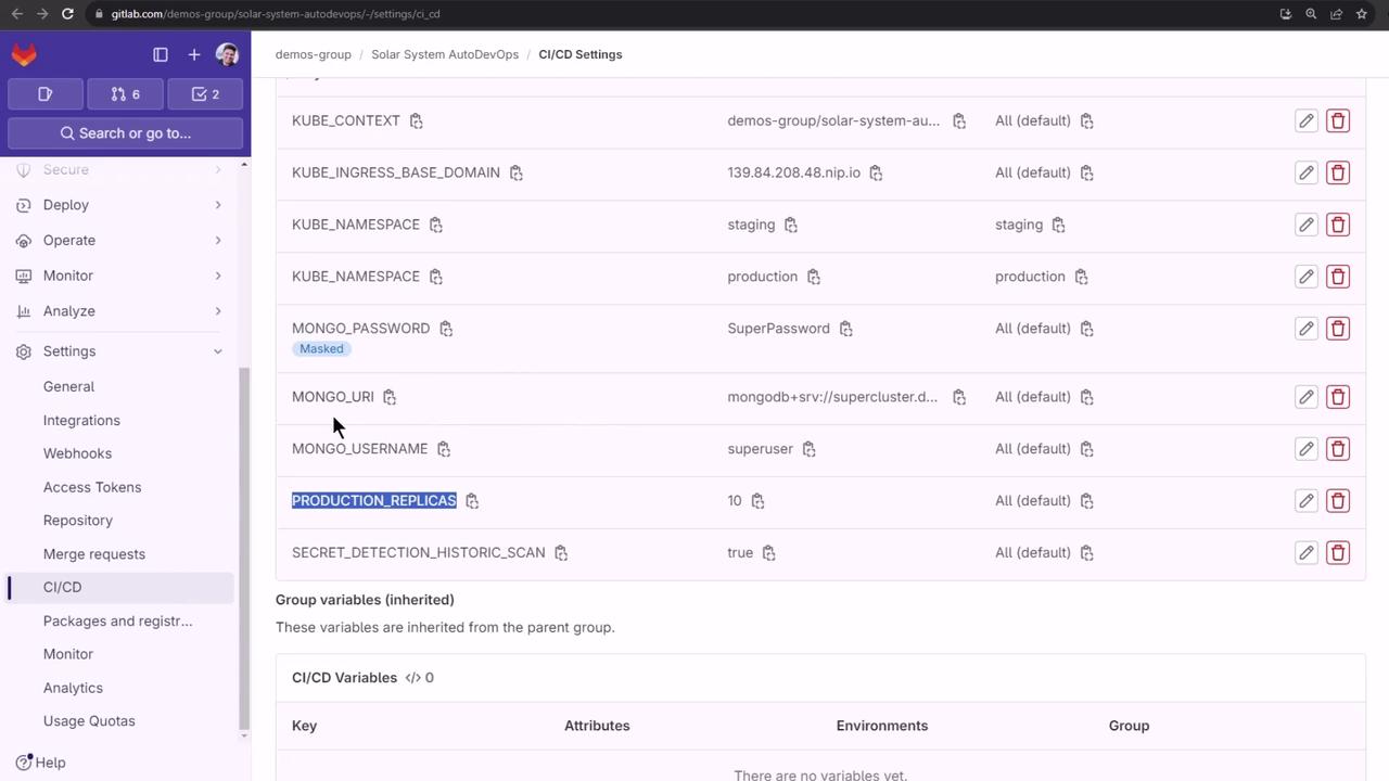 The image shows a GitLab CI/CD settings page with various configuration variables such as `KUBE_CONTEXT`, `MONGO_PASSWORD`, and `PRODUCTION_REPLICAS`. The sidebar includes options like Deploy, Operate, and Monitor.