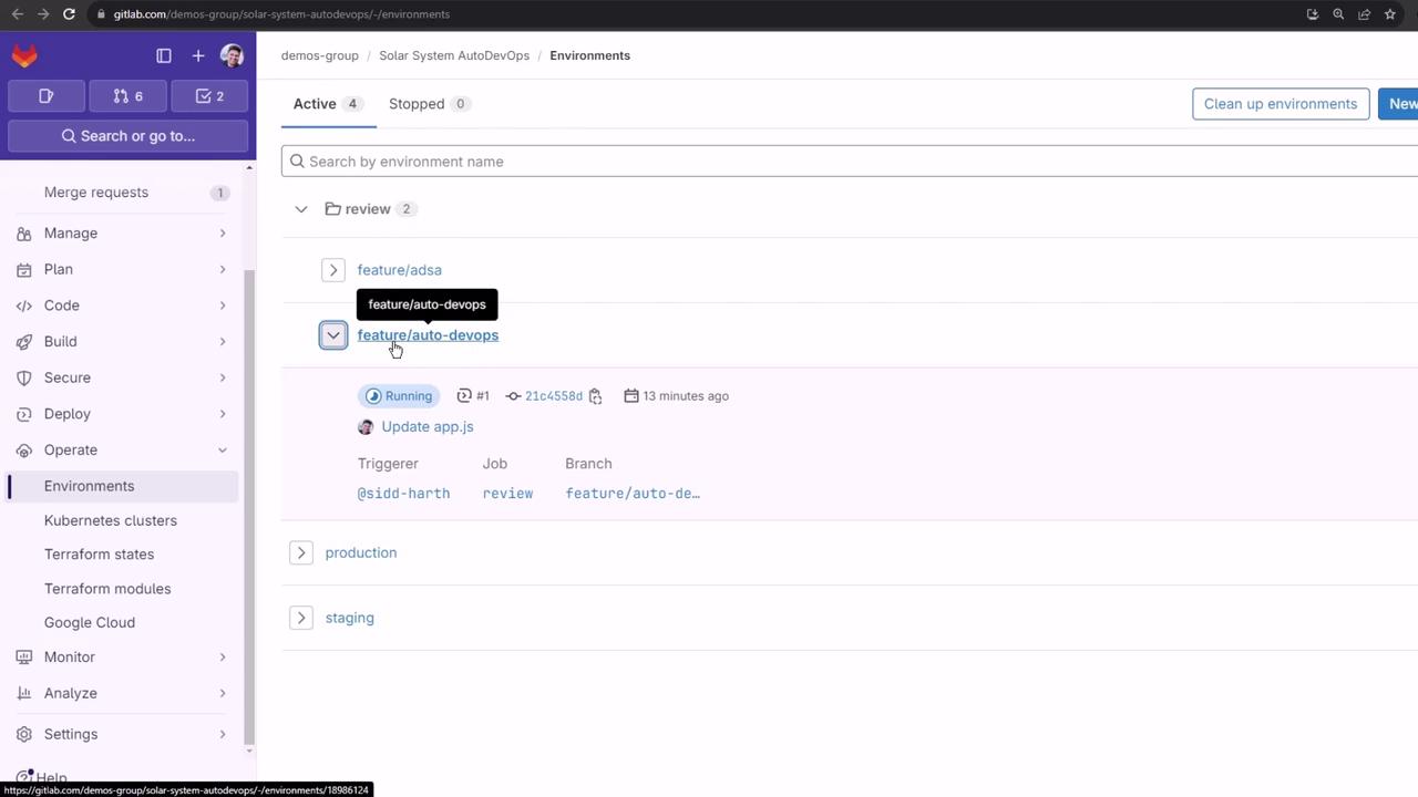 The image shows a GitLab interface displaying the "Environments" section, with a focus on a running job in the "feature/auto-devops" branch. The sidebar includes options like Merge requests, Manage, Plan, Code, and more.