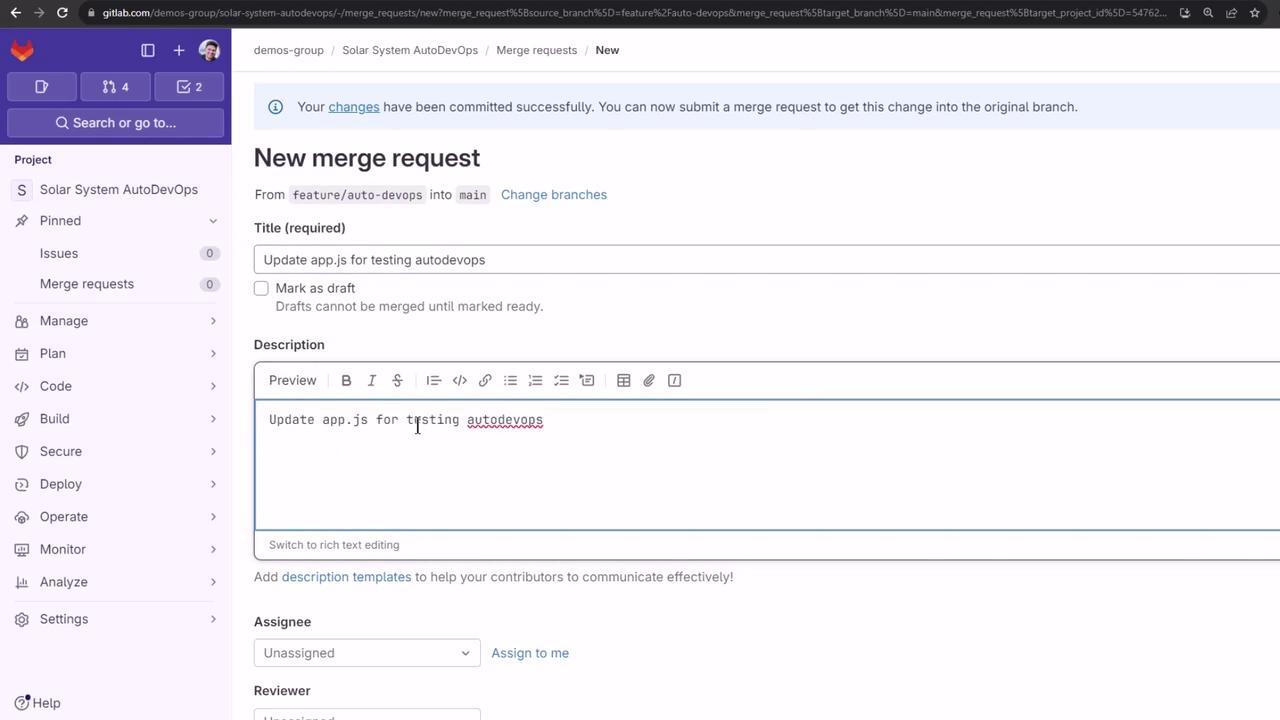 The image shows a GitLab interface where a new merge request is being created, with fields for the title and description of the request. The sidebar displays project management options like issues and merge requests.
