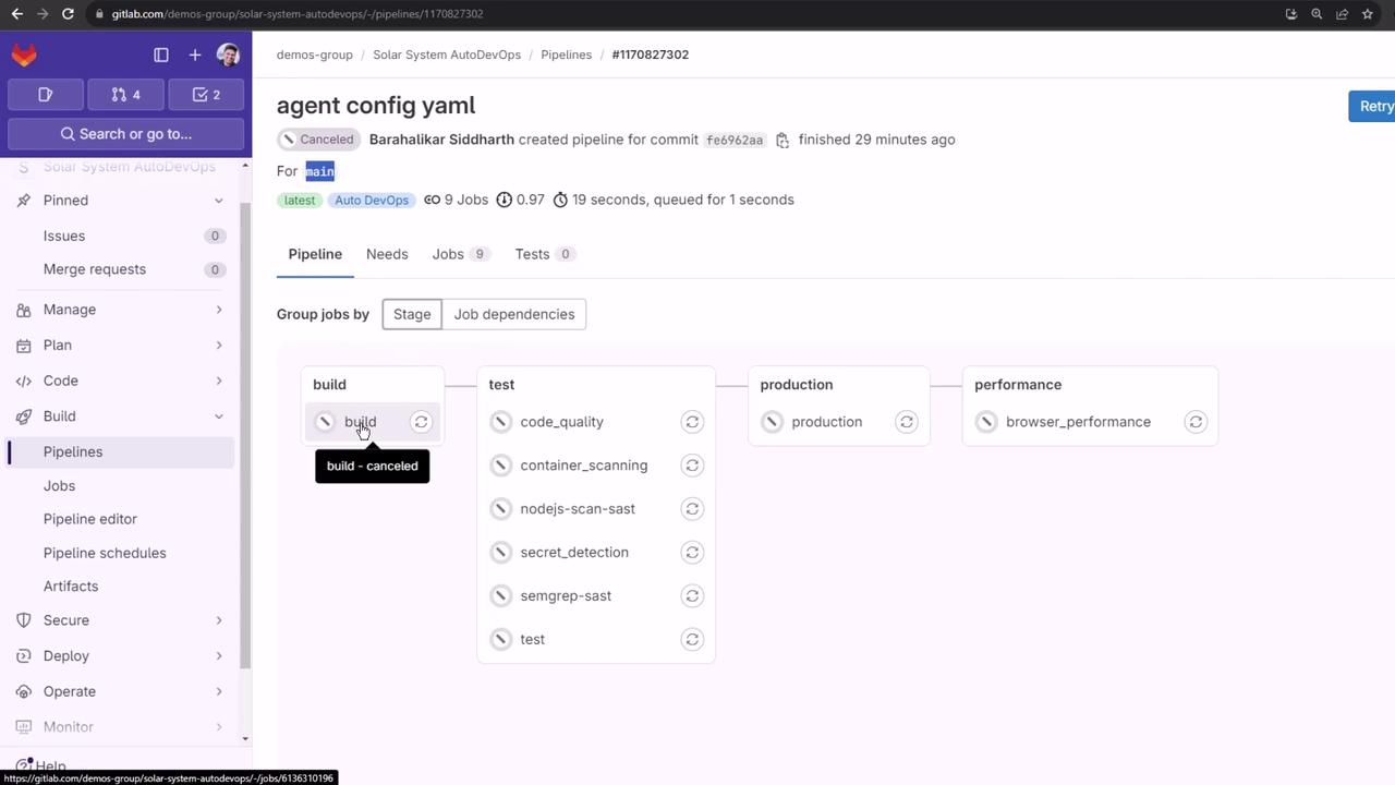 The image shows a GitLab pipeline interface with stages for build, test, production, and performance, where the build stage is canceled.
