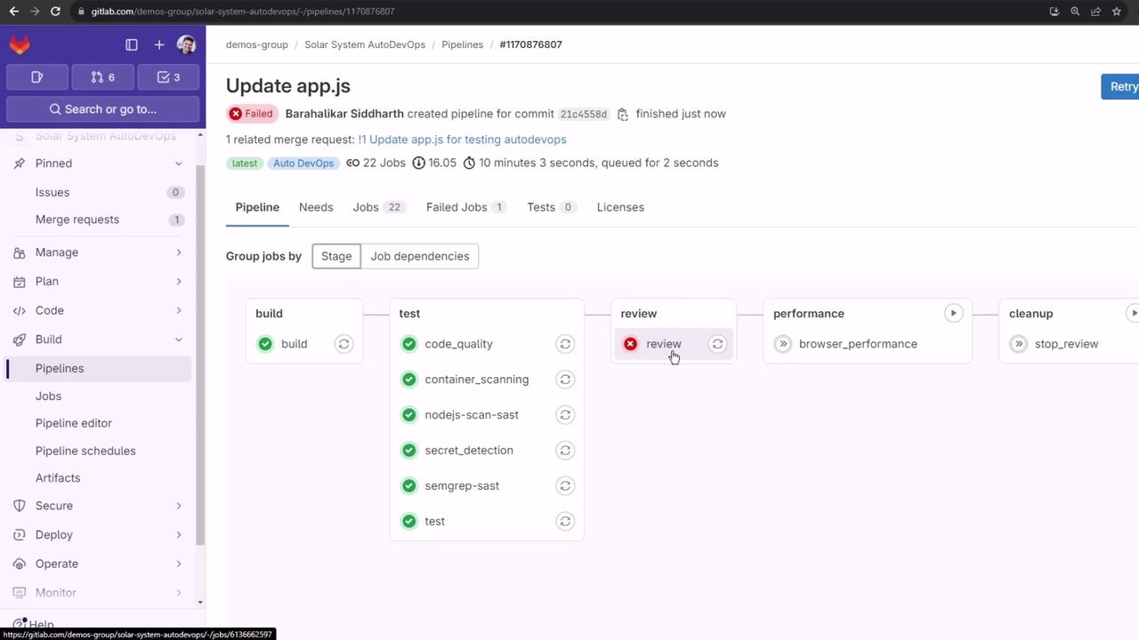 The image shows a GitLab pipeline interface with stages for build, test, review, performance, and cleanup. The review stage has failed, while other stages like build and test have passed.