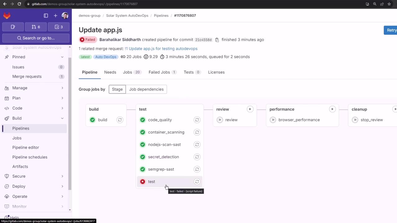 The image shows a GitLab pipeline interface with a failed job in the "test" stage, specifically the "test" task, due to a script failure. The pipeline includes stages for build, test, review, performance, and cleanup.